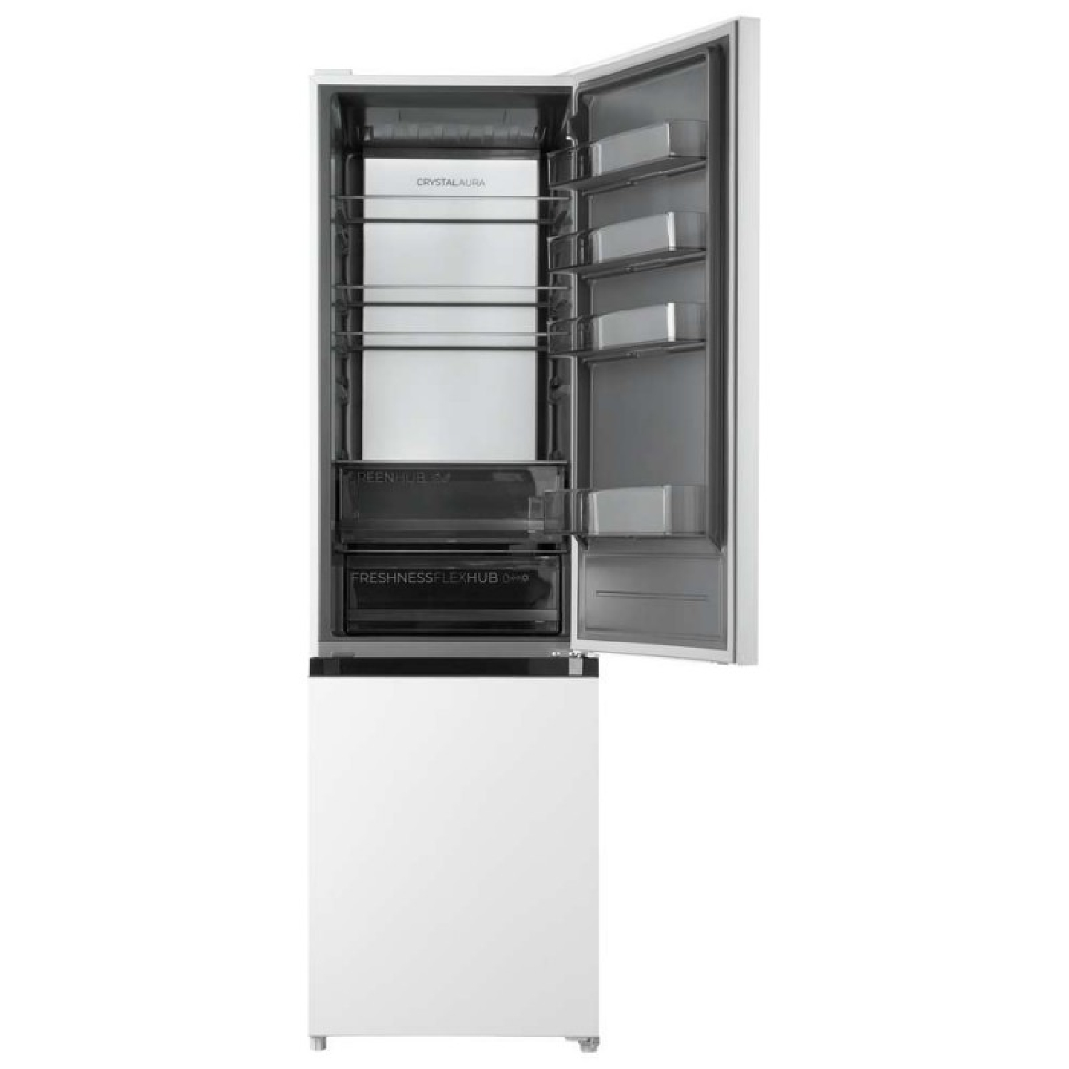 Frigorifero bianco aperto con ripiani in vetro e cassetti. Vano superiore etichettato CRYSTAL.
