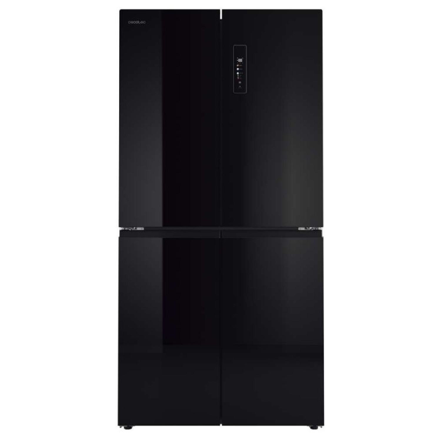 Un refrigerador French Door negro con dos puertas superiores y dos cajones congeladores inferiores, con una pantalla digital.