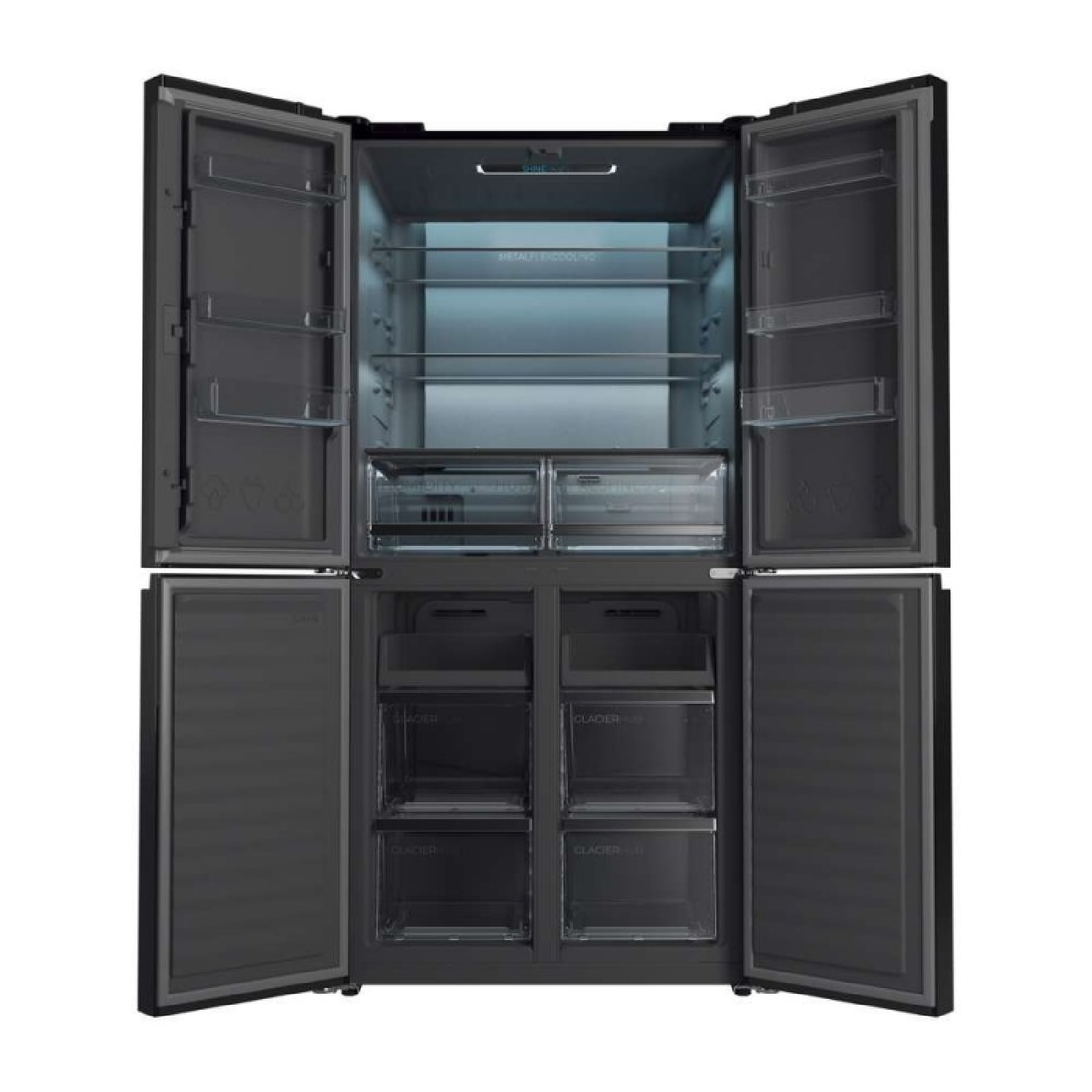 Un refrigerador negro de cuatro puertas con todas las puertas abiertas, revelando estantes, cajones y compartimentos, sobre un fondo blanco.