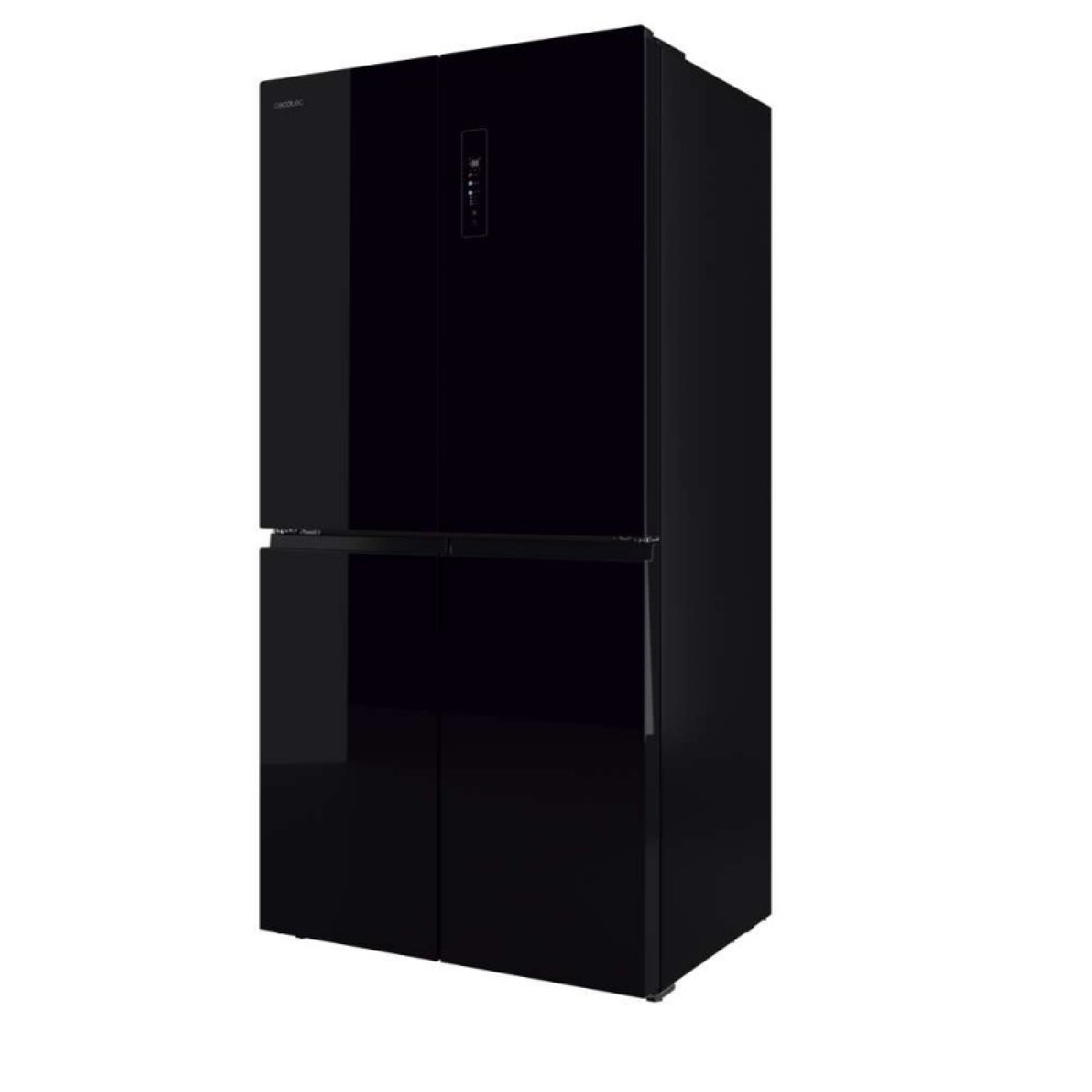 Un refrigerador negro moderno de cuatro puertas con pantalla táctil.