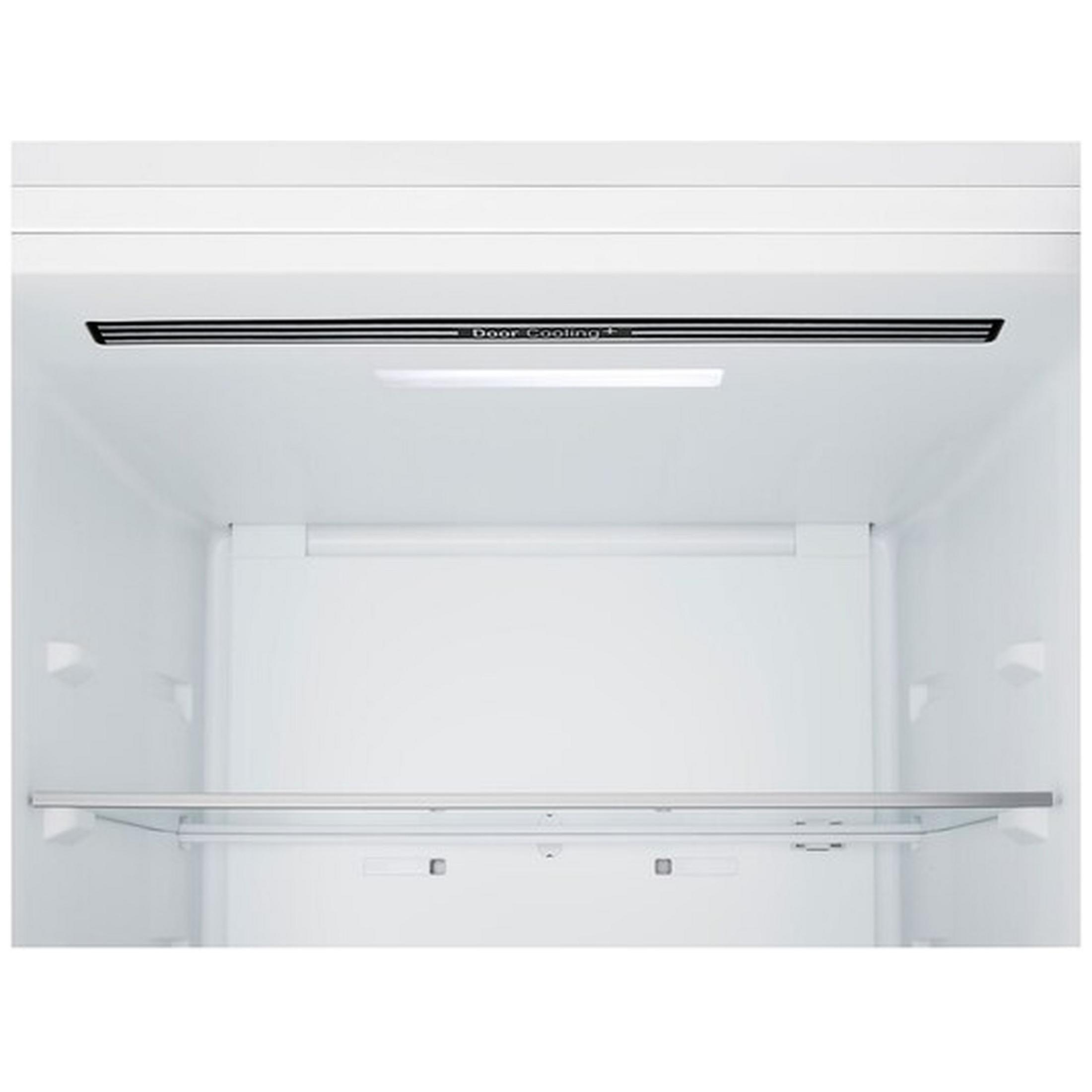Vista interna di un frigorifero bianco con ripiano e fessure di ventilazione.