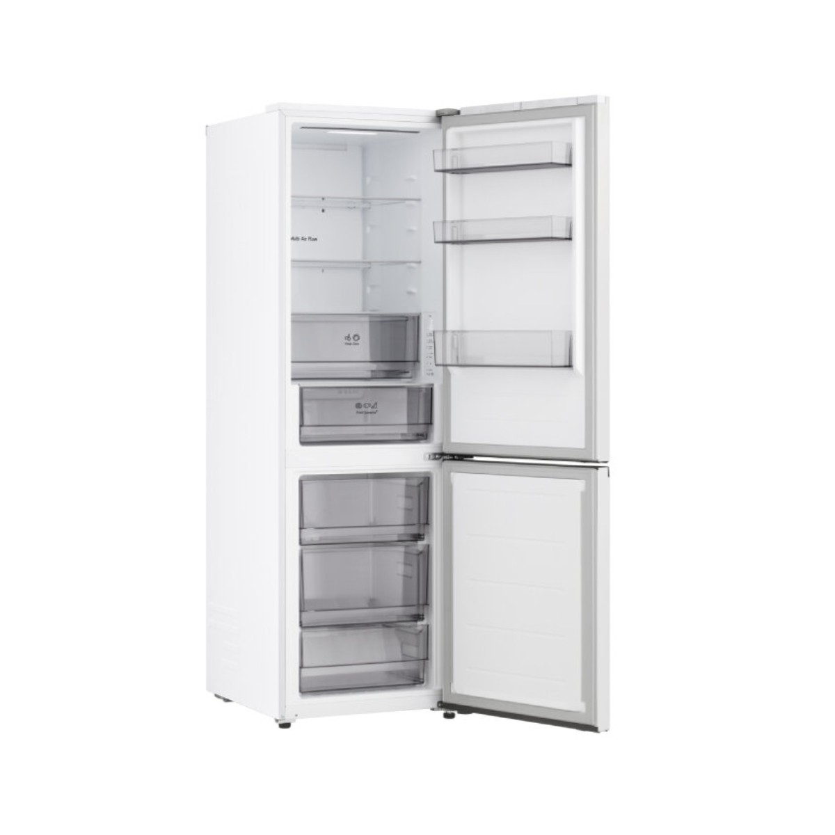 Un frigorifero bianco con porta aperta, che mostra ripiani e cassetti.