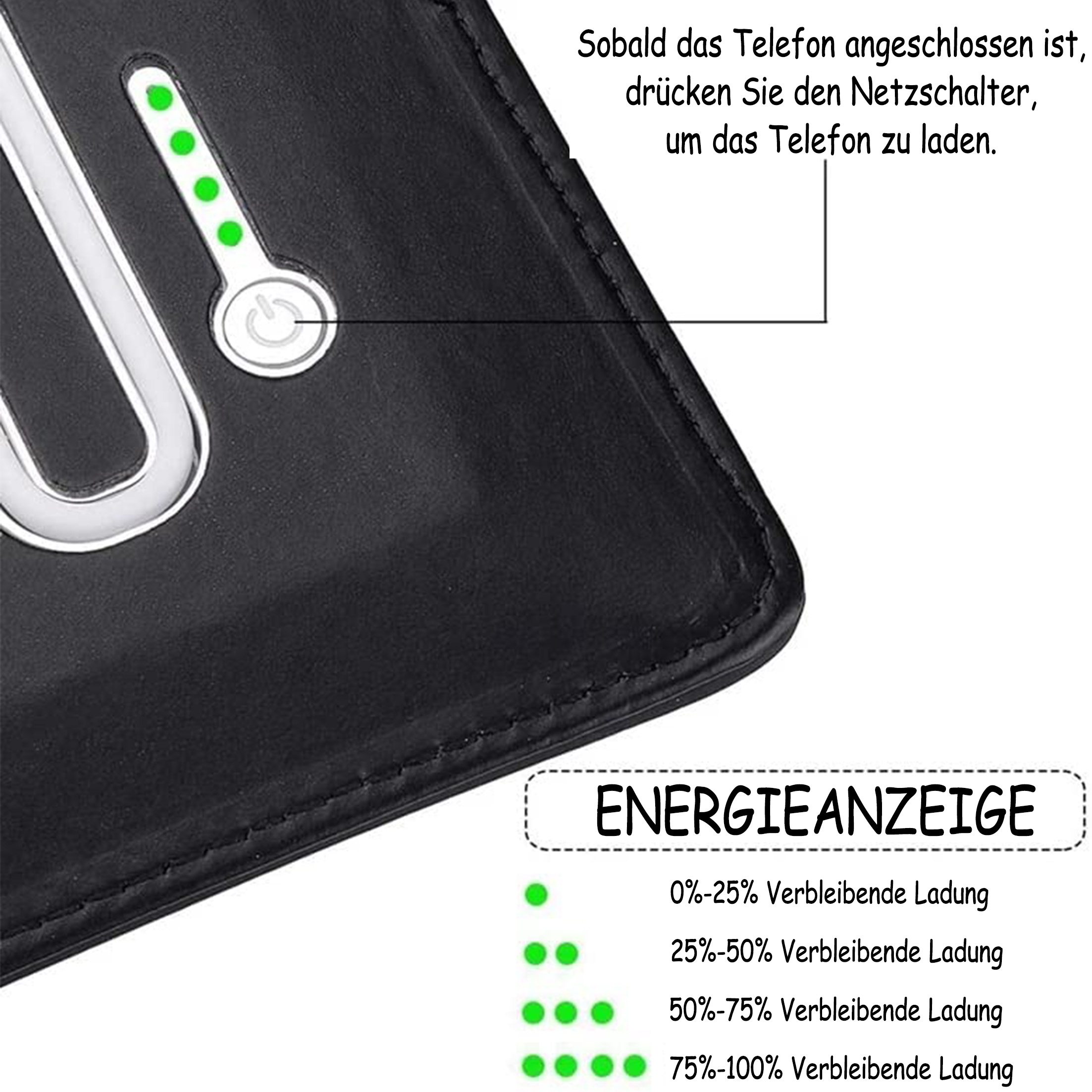 Ein Ladeanzeige-Interface mit 4 grünen LEDs und einem Power-Button.