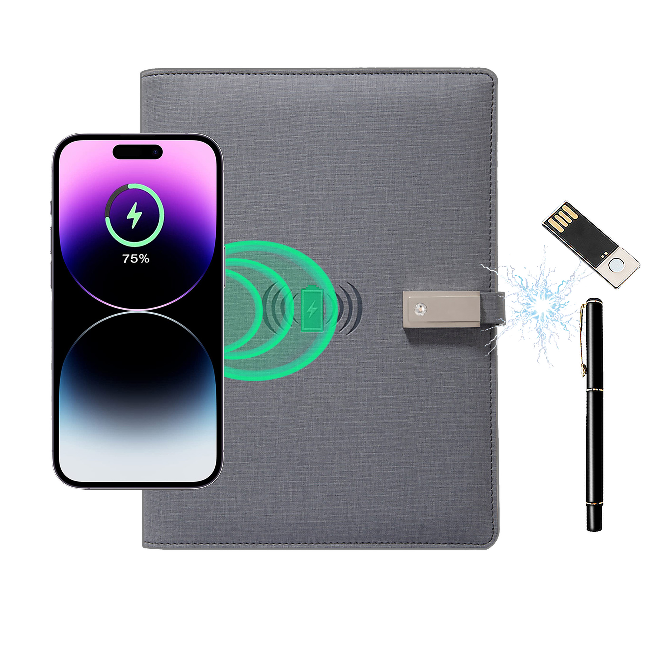 Ein Smartphone lädt kabellos auf einem grauen Notizbuch. Stift und USB-Stick liegen daneben.