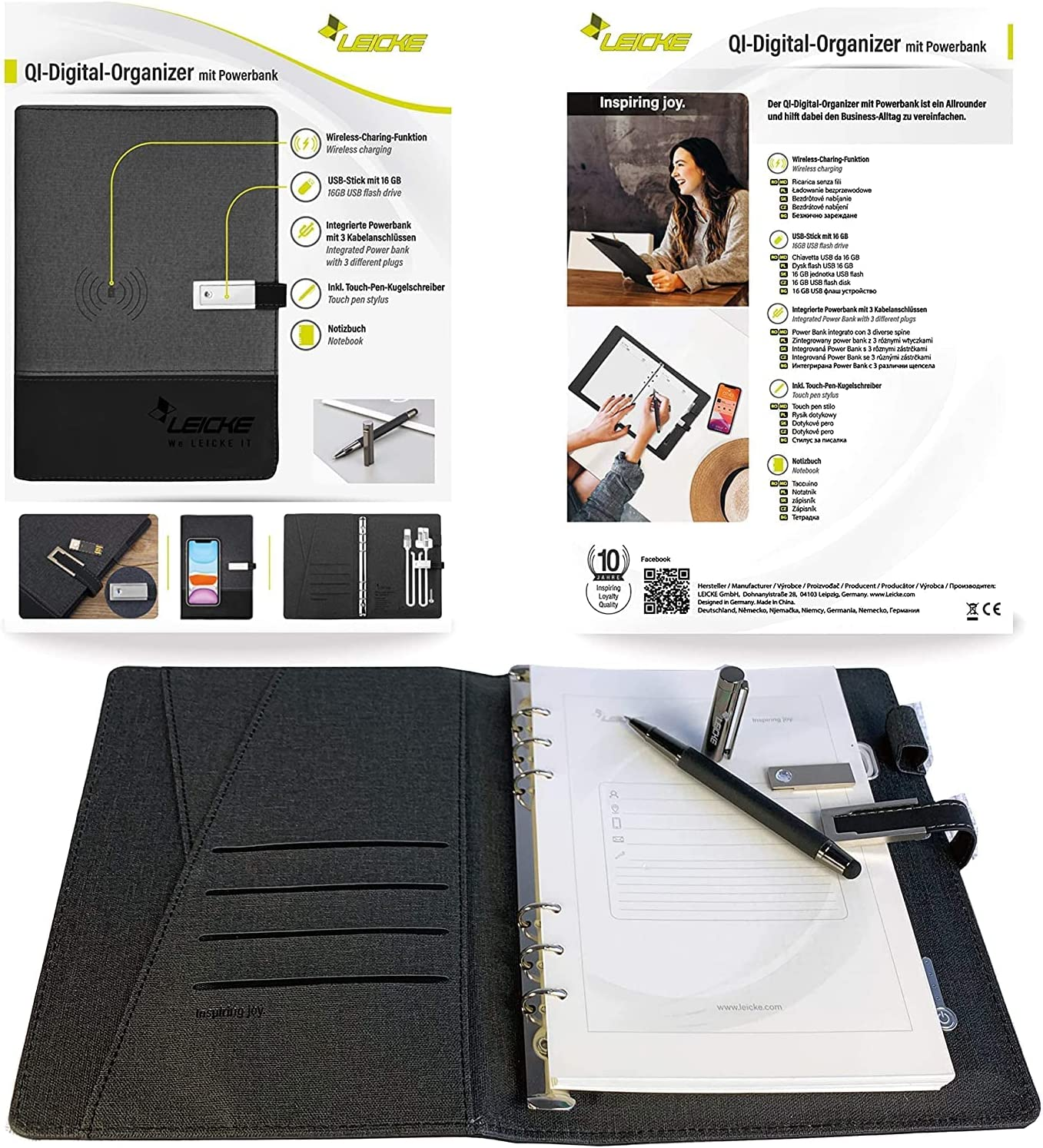 Ein Organizer mit Powerbank, USB-Stick, Stift und Notizbuch in Schwarz.