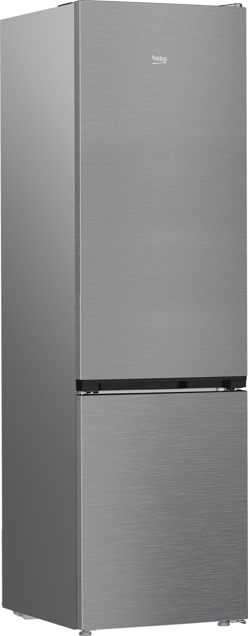 Ein silberner Beko-Kühlschrank mit zwei Türen, eine oben und eine unten.