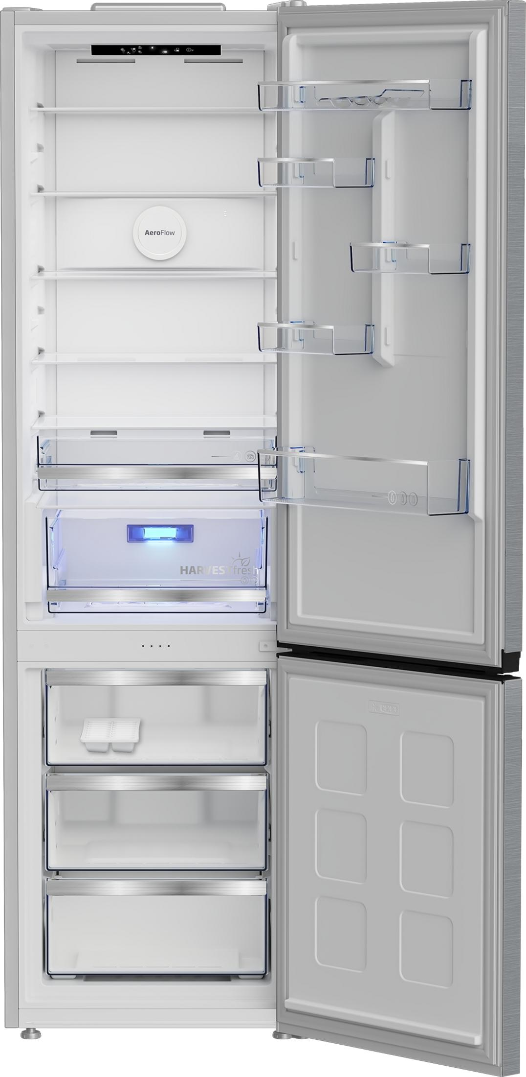 Ein leerer, offener Kühlschrank mit mehreren Glasregalen und Schubladen.