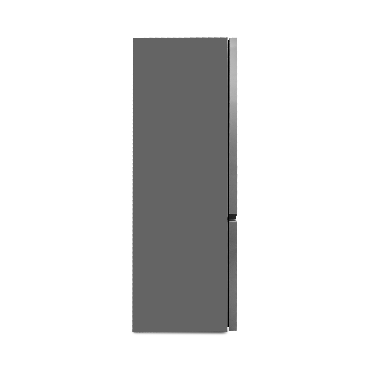 Grauer Kühlschrank mit einer Tür, von der Seite gesehen.