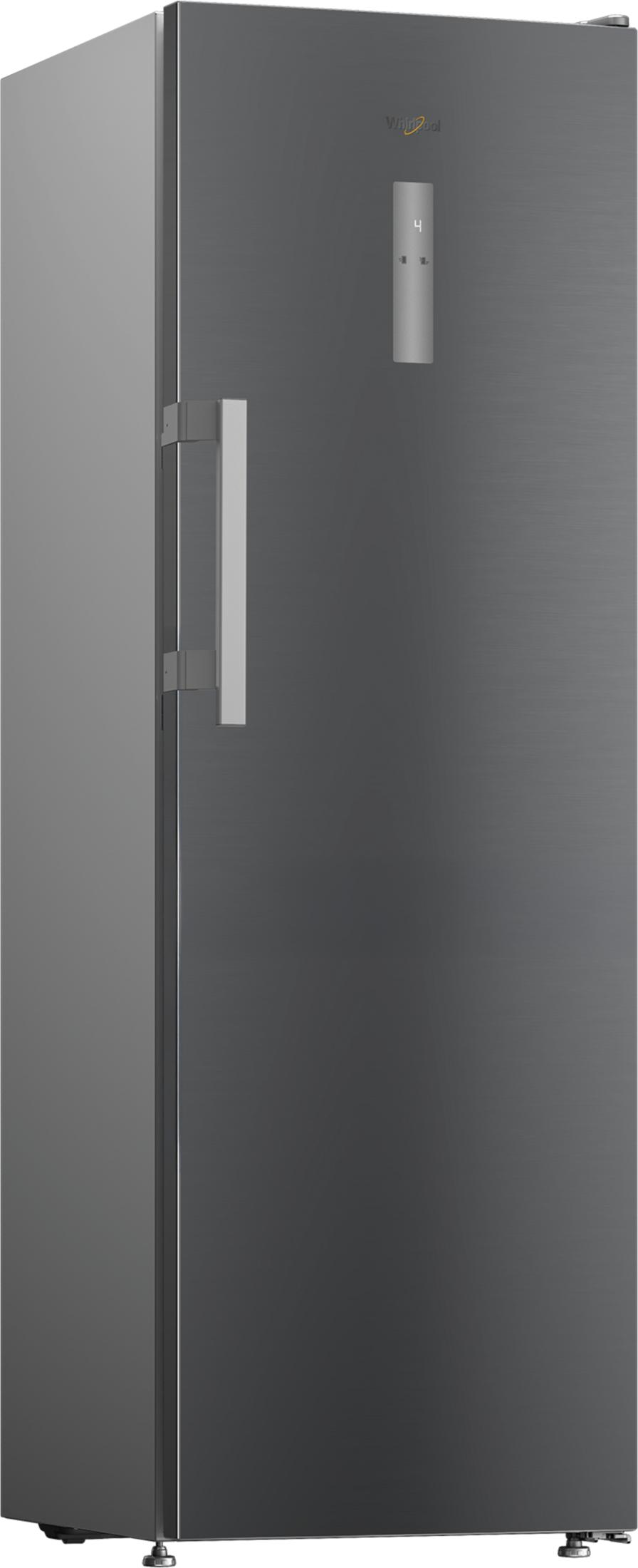 Un frigorifero Whirlpool alto grigio scuro con maniglia argentata e display digitale.
