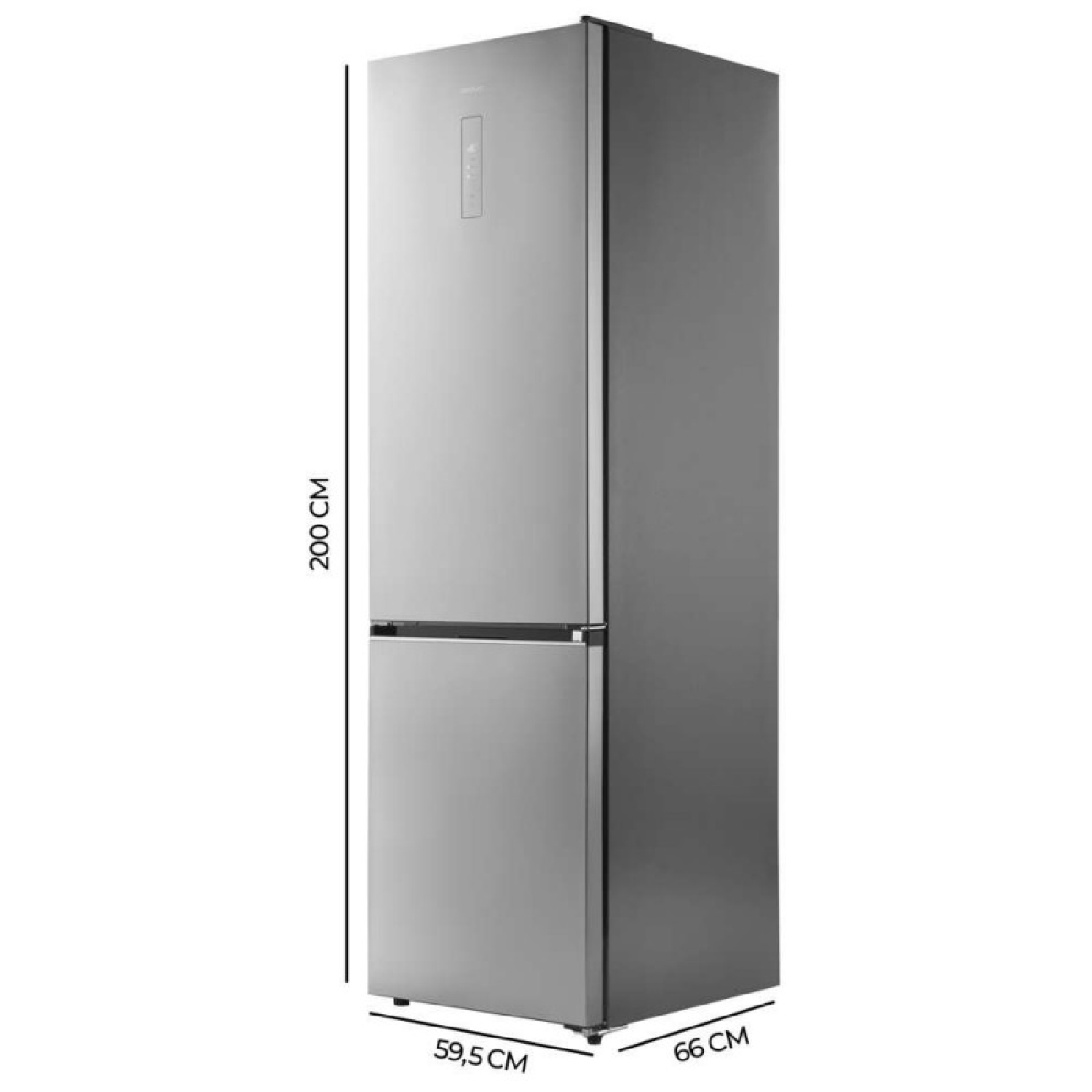 Un refrigerador plateado alto y delgado con una puerta superior y un cajón inferior.