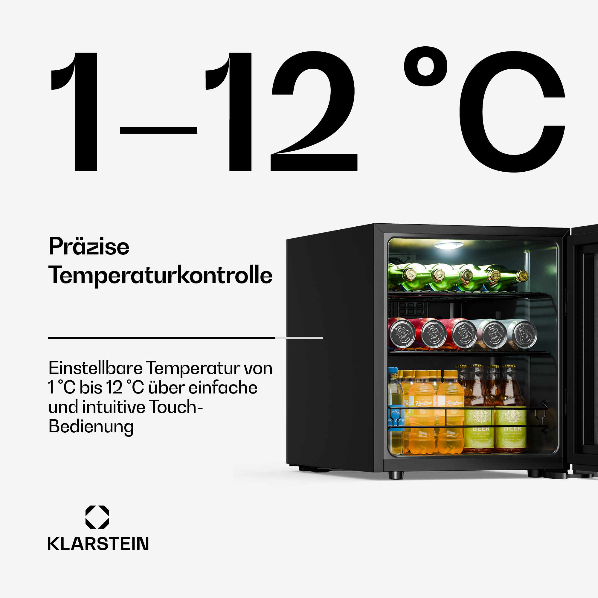 Ein schwarzer Kühlschrank mit Getränken und der Temperaturanzeige 1-12 °C.