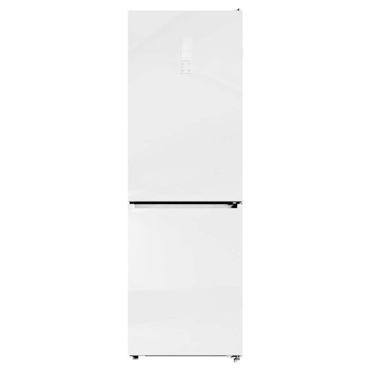 Un refrigerador blanco con compartimento congelador superior y panel de control táctil.