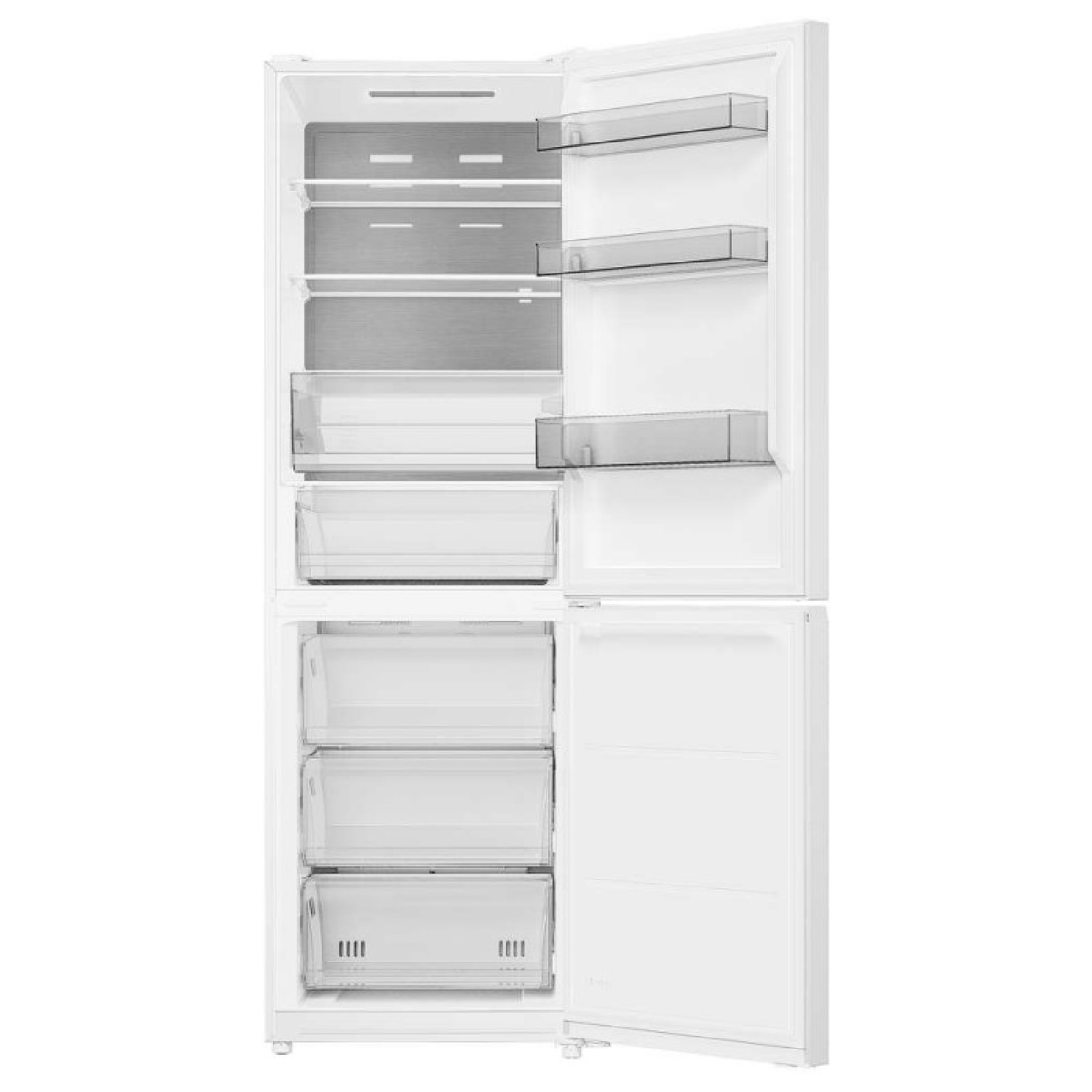 Un refrigerador blanco abierto con múltiples estantes y cajones.