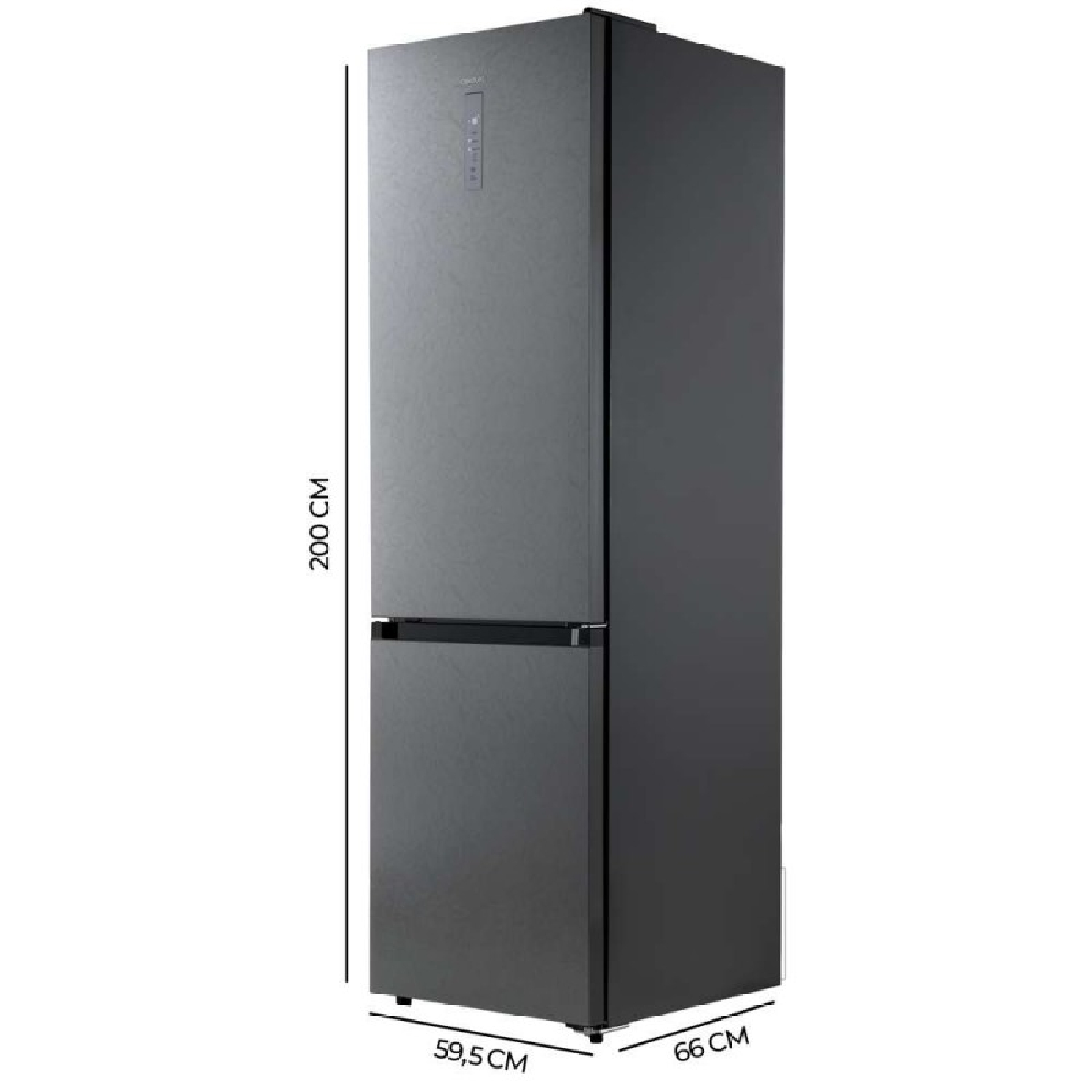 Un refrigerador gris oscuro de dos puertas, de 200 cm de altura.