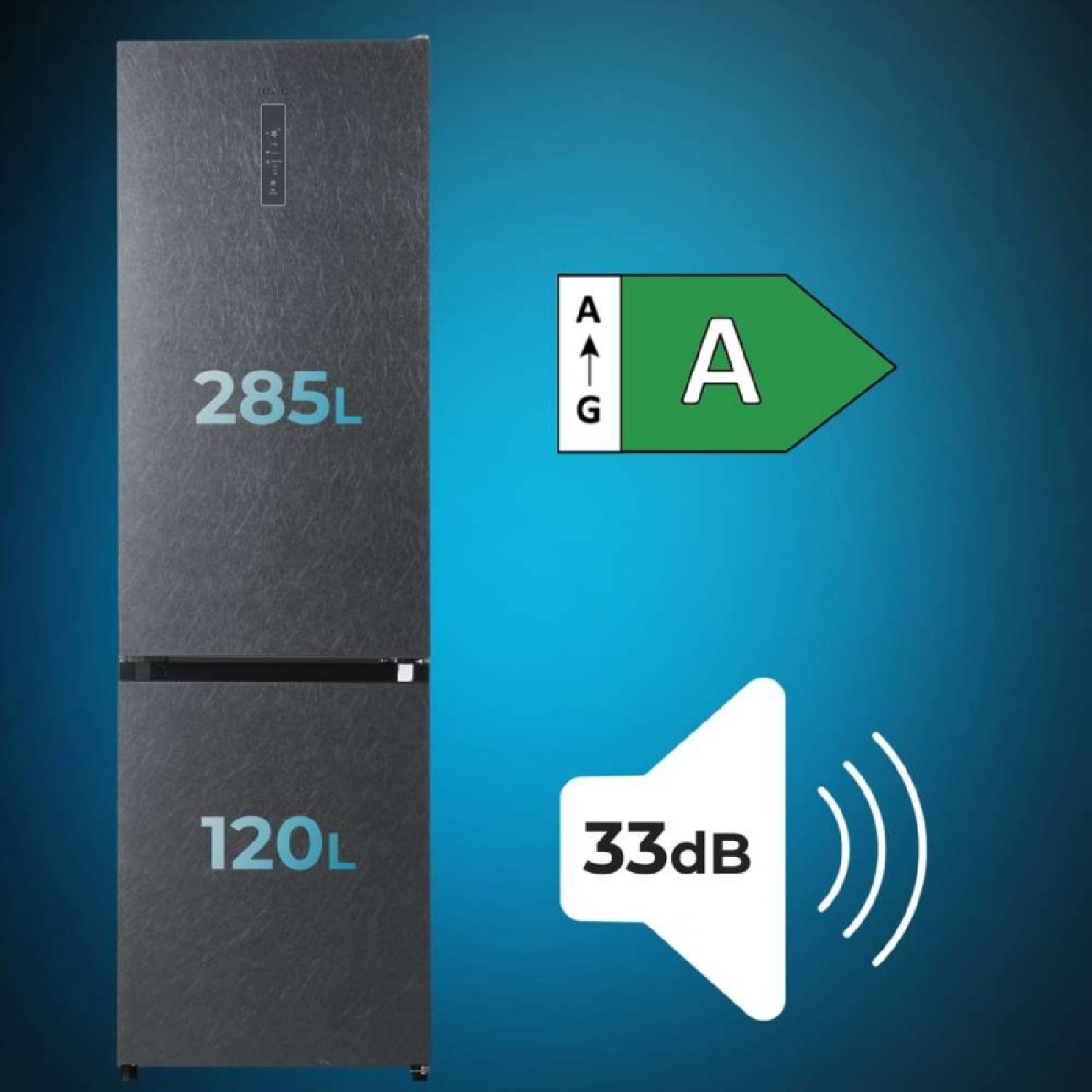 Frigorífico negro de 285L y 120L, eficiencia energética A, 33dB.
