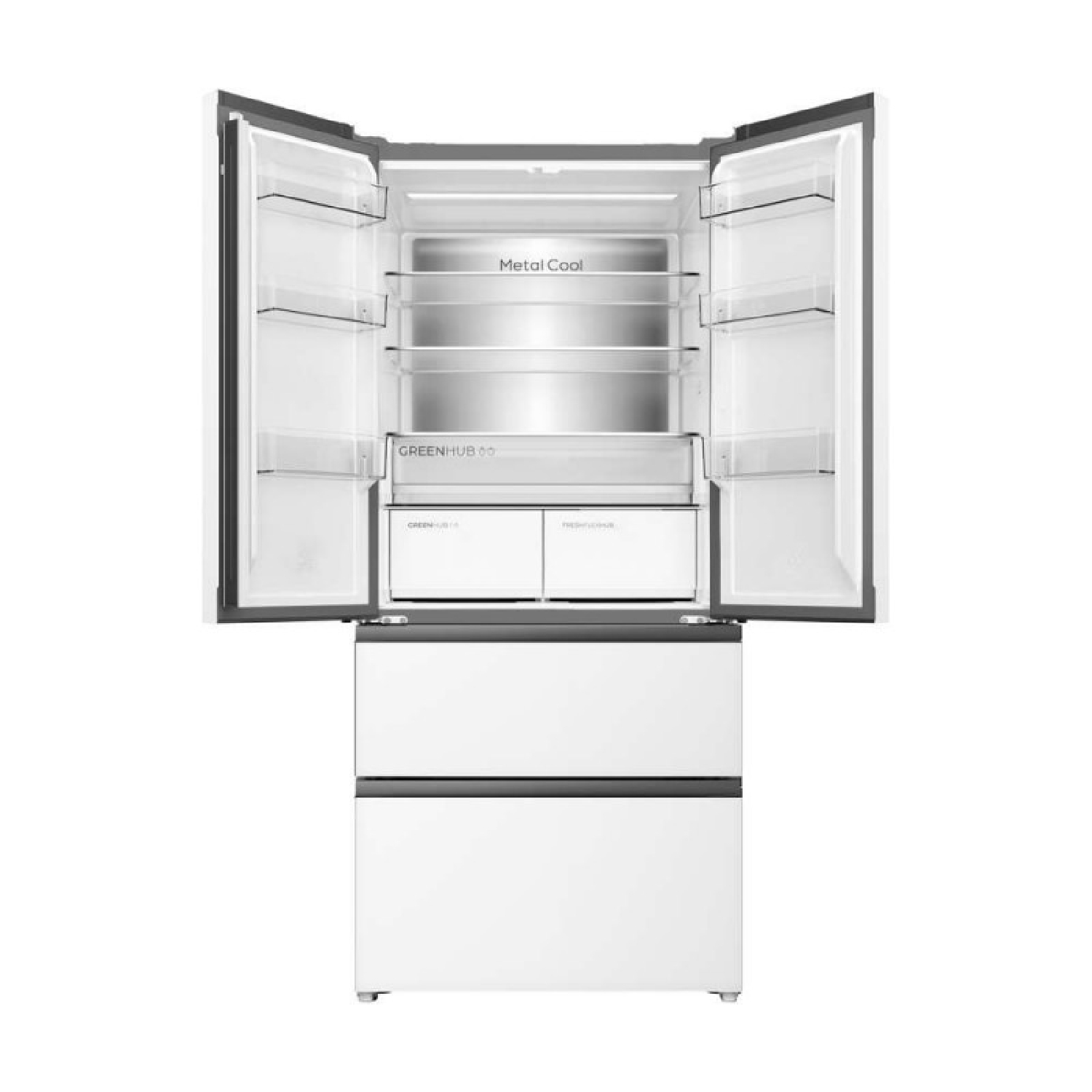 Un frigorifero bianco a doppia porta con le porte superiori aperte, che rivela ripiani vuoti e due cassetti congelatore inferiori.