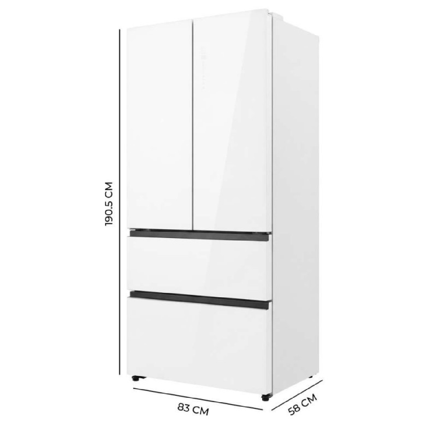 Un frigorifero bianco a tre porte e due cassetti. Dimensioni: 190,5 x 83 x 58 cm.