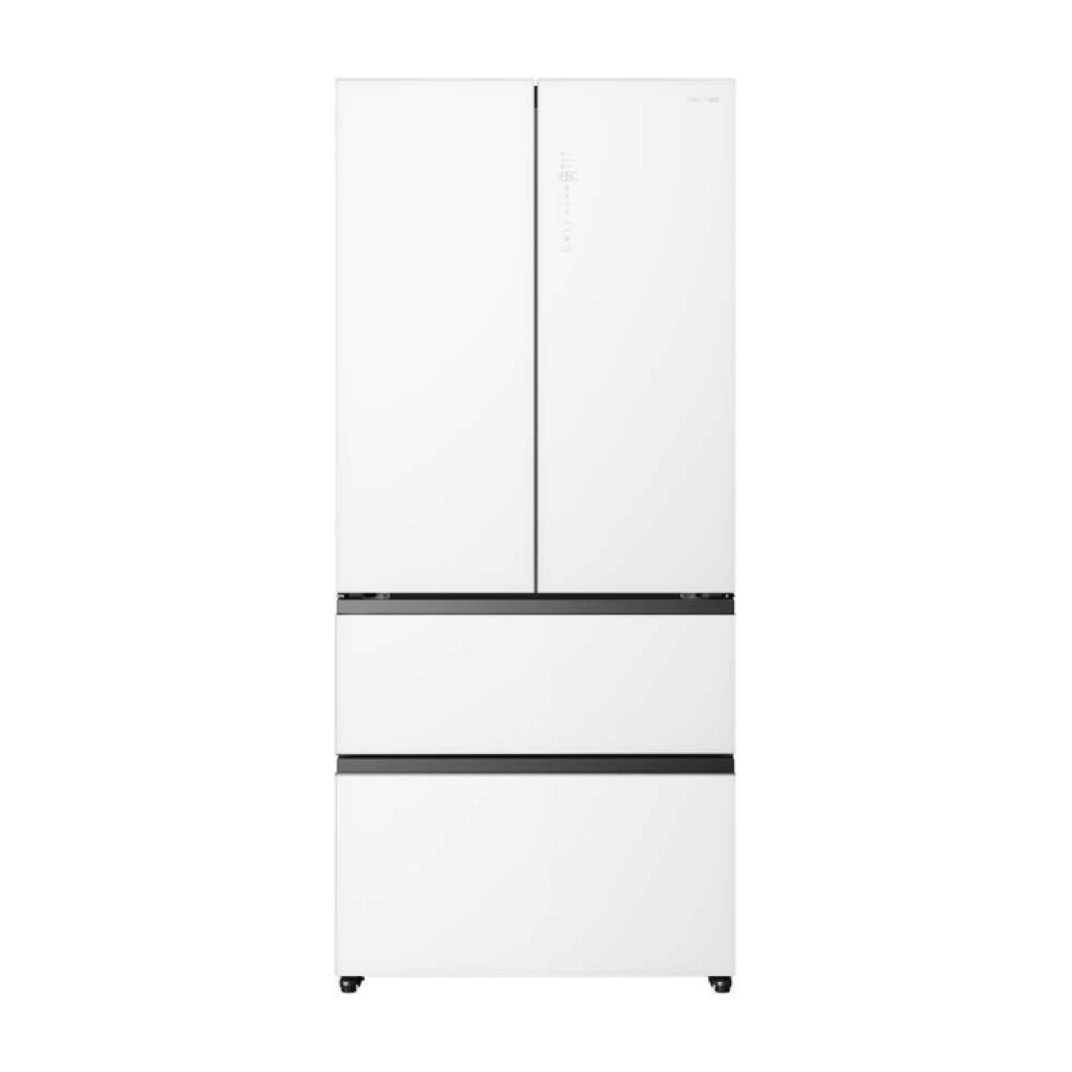 Un frigorifero bianco a doppia porta con due sportelli superiori e due cassetti congelatore inferiori, maniglie nere e un design moderno.