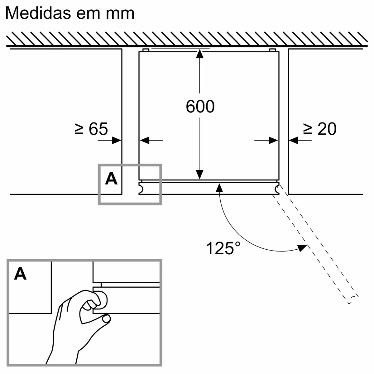 Dibujo técnico muestra dimensiones de instalación con 600mm altura y espacios mínimos.