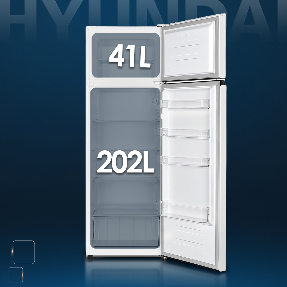 Frigorifero bianco con porta aperta. Congelatore 41L, Frigorifero 202L. Logo Hyundai.