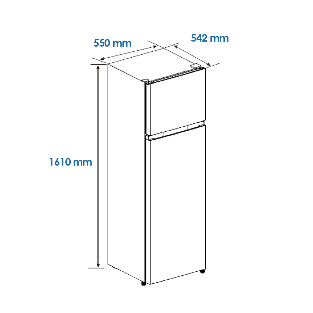 Frigorifero a due porte con dimensioni: H 1610 mm, L 550 mm, P 542 mm.