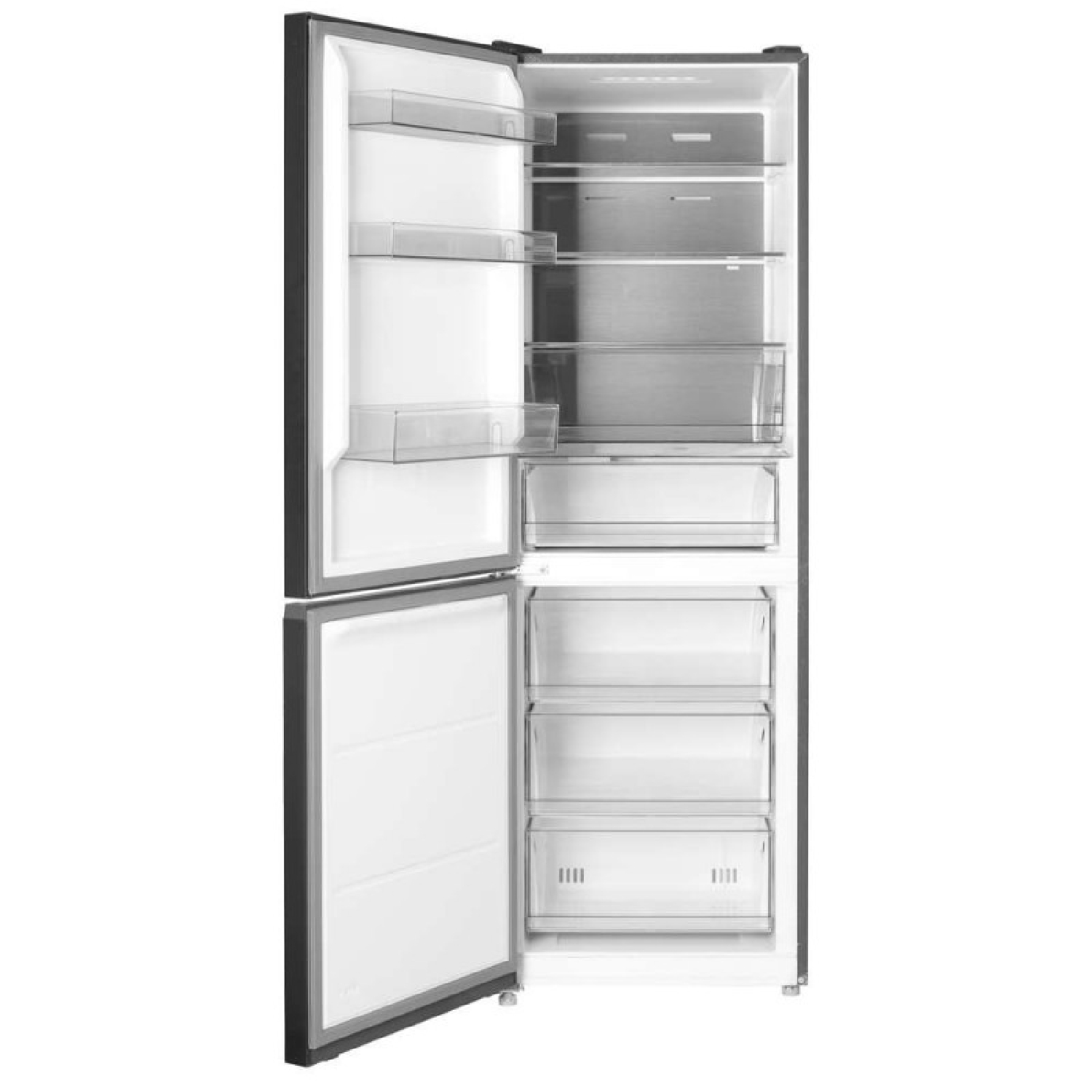 Refrigerador abierto con múltiples estantes y cajones. Estantes y recipientes vacíos.