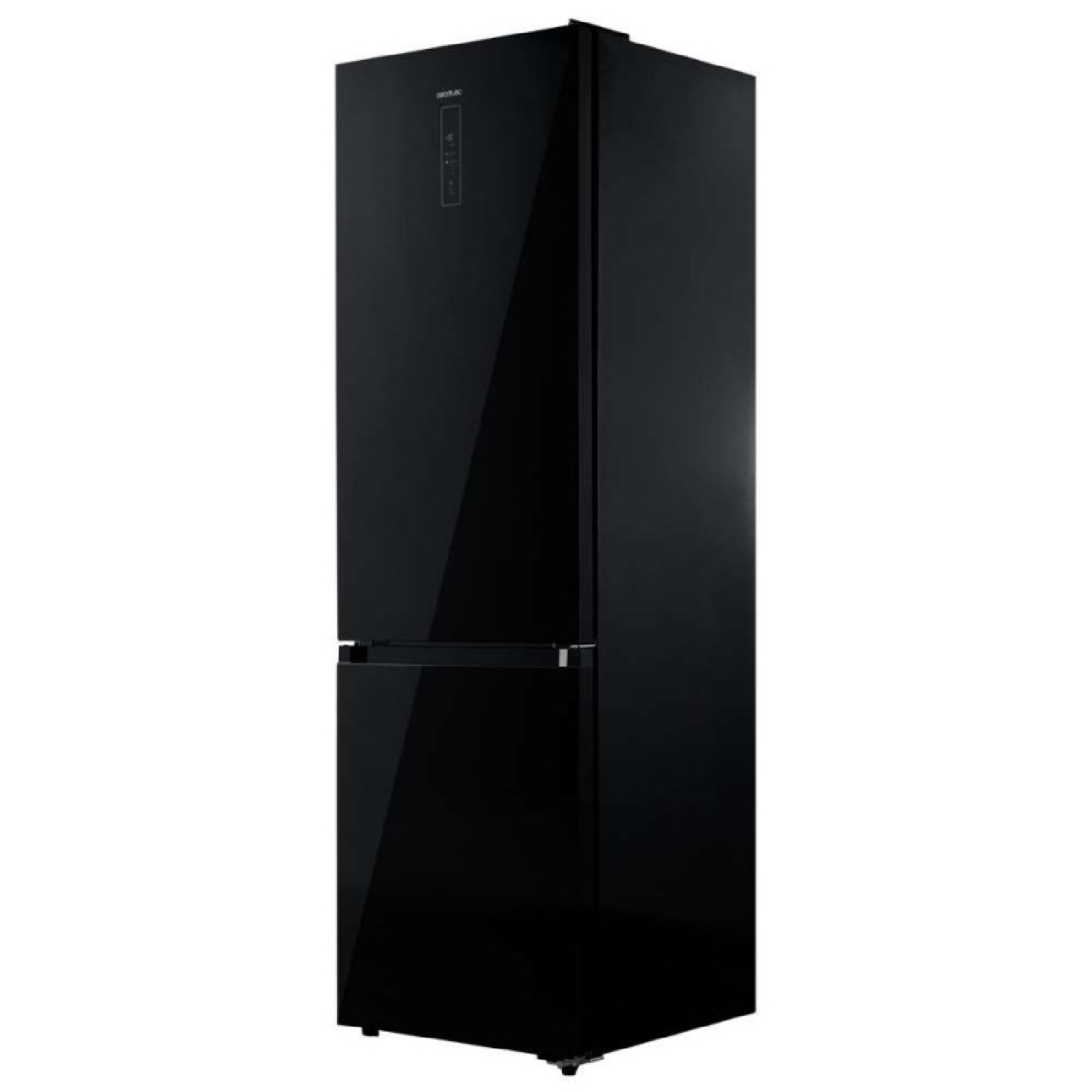 Un frigorífico negro y elegante con puerta de cristal y pantalla táctil.