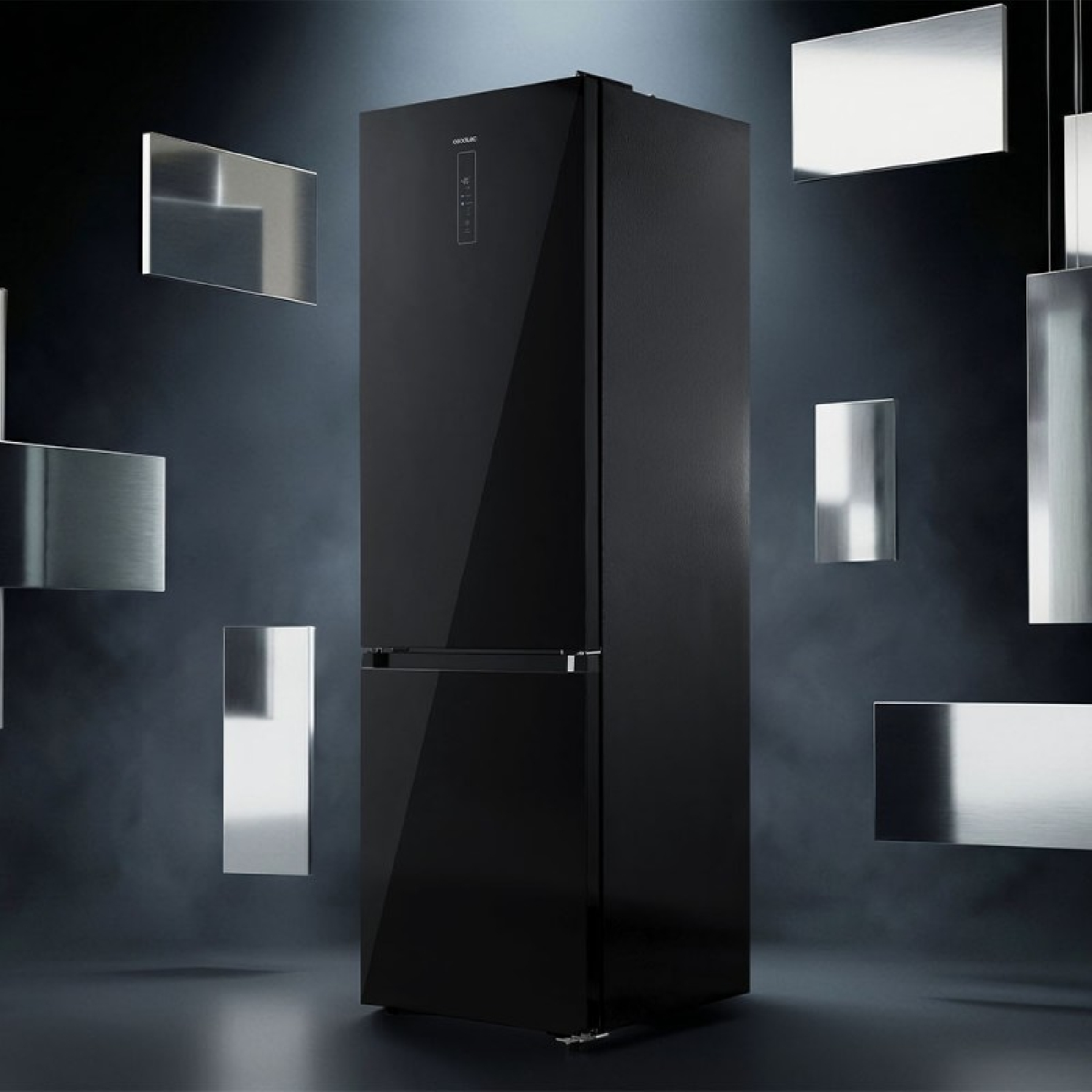 Un refrigerador negro y elegante se alza en primer plano, rodeado de rectángulos plateados flotantes.