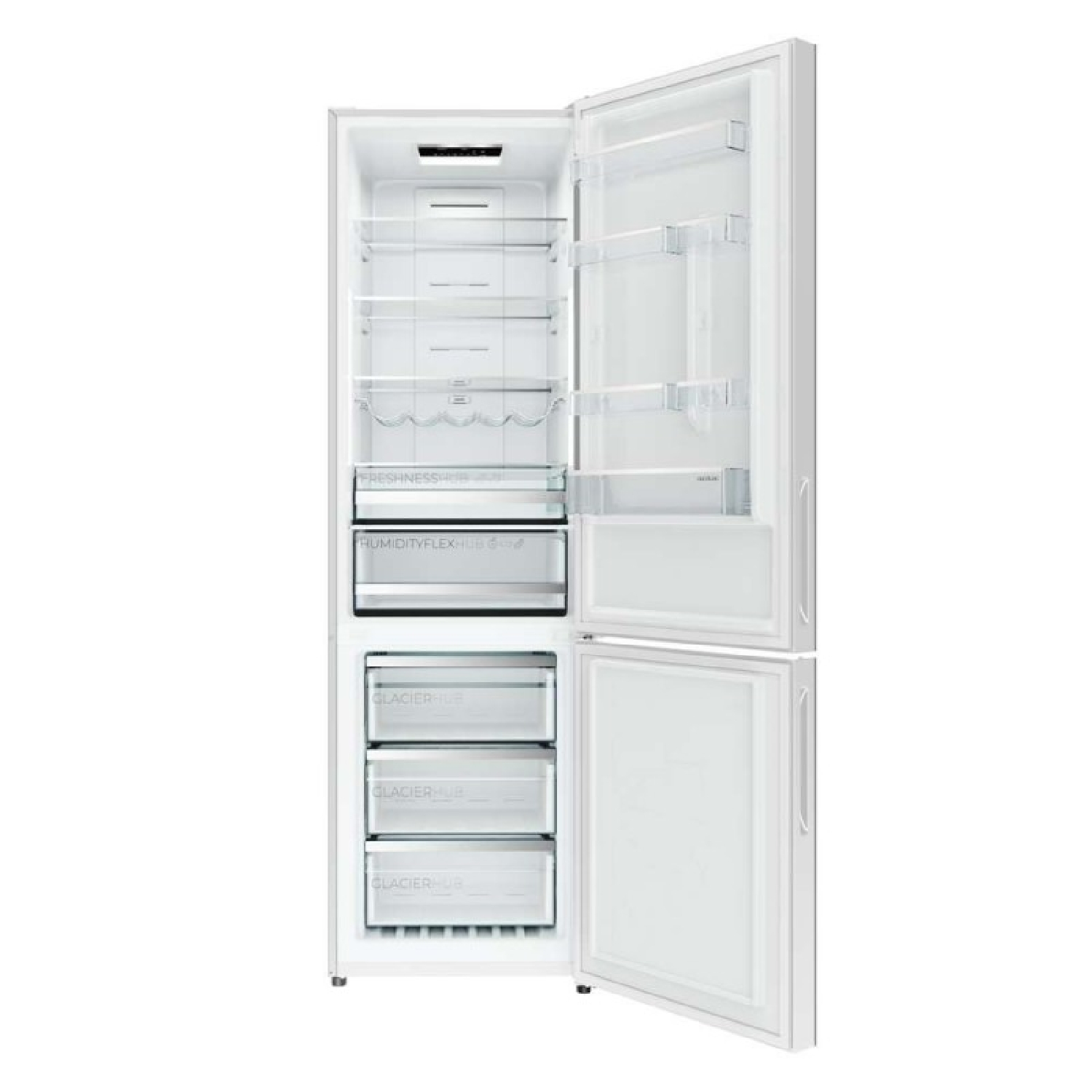 Un refrigerador blanco con puerta abierta, estantes y cajones.