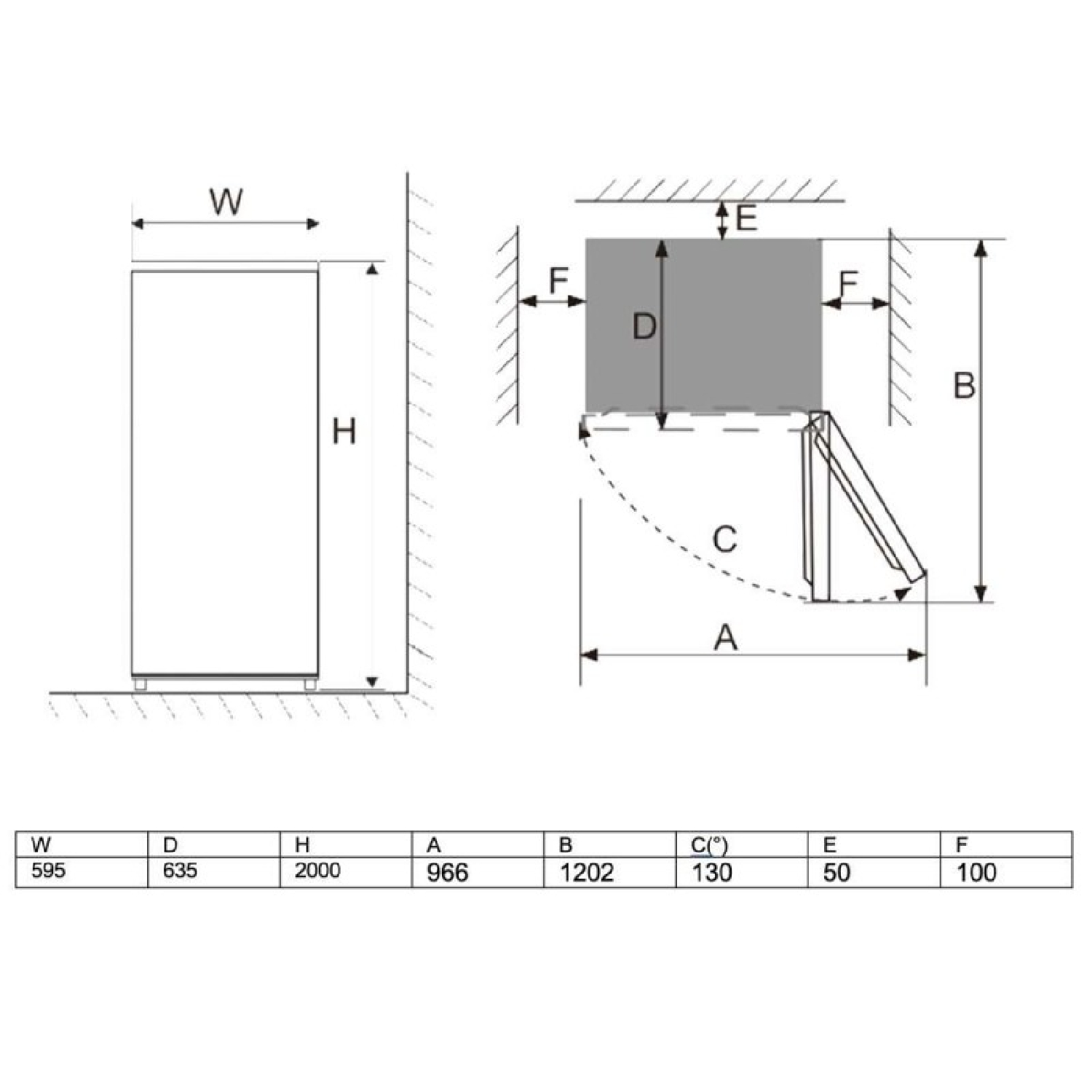 Dibujo técnico de un armario con dimensiones y ángulo de apertura de puerta.
