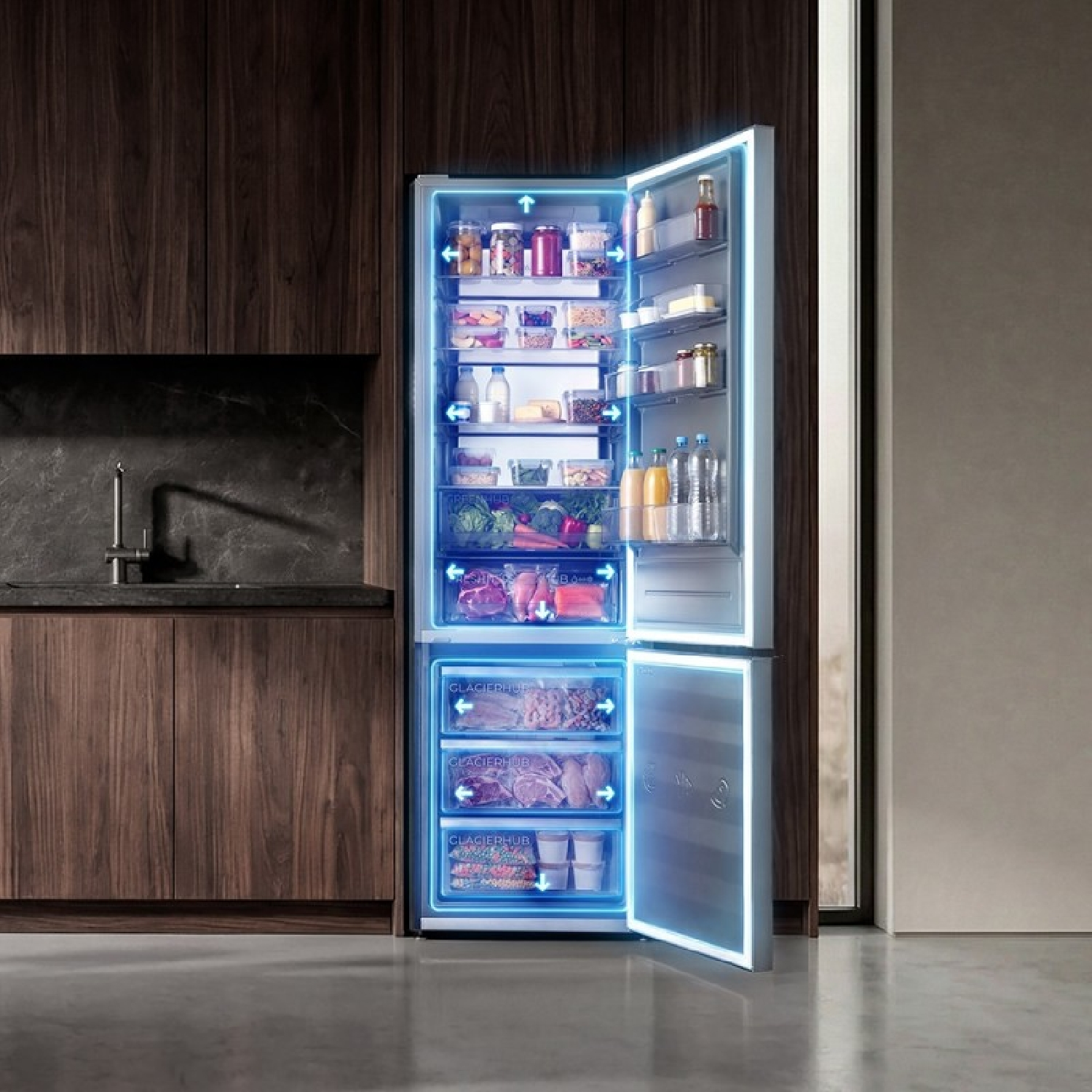 Refrigerador abierto lleno de comida, iluminado con luces interiores azules.