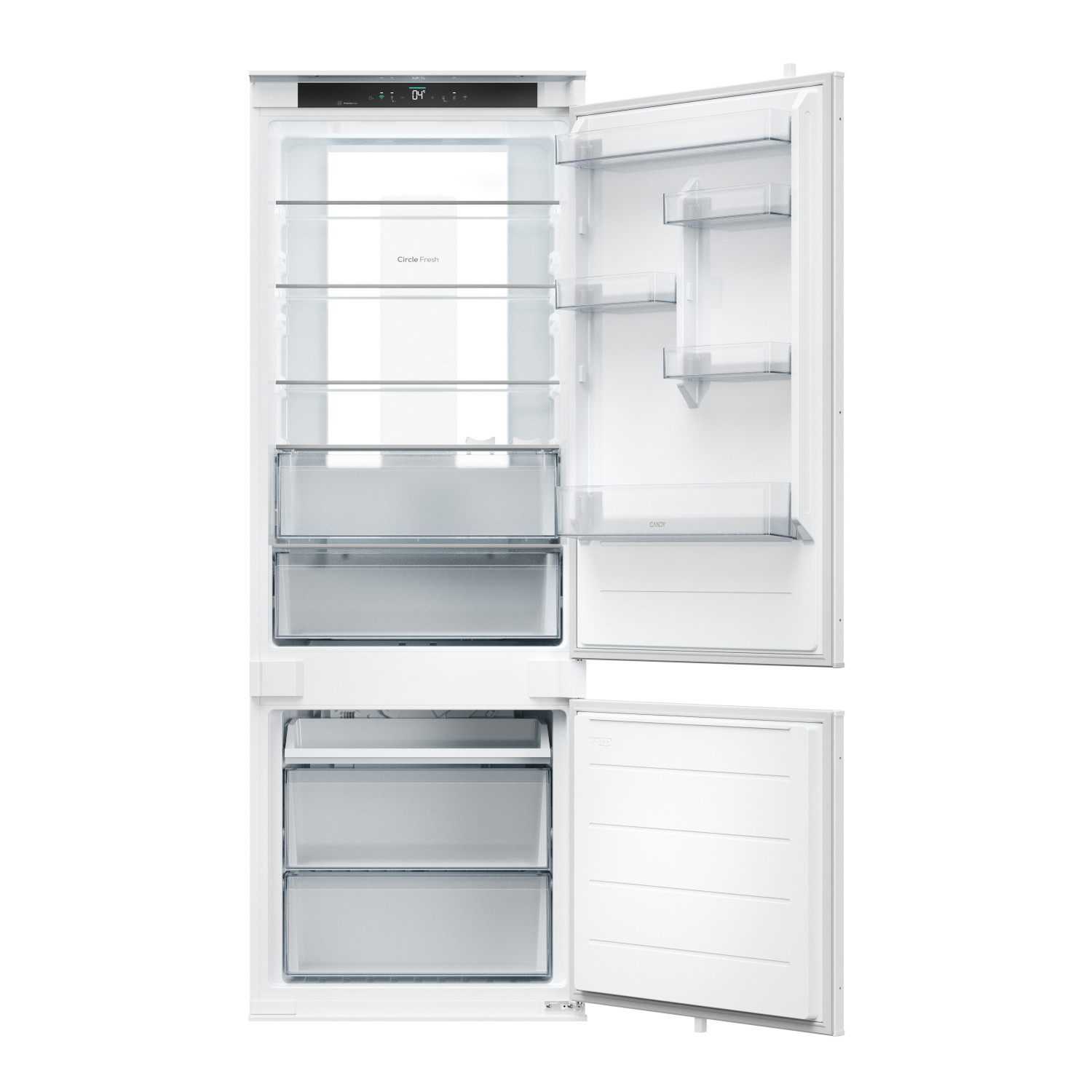 Un frigorifero bianco con la porta aperta, che mostra ripiani in vetro e cassetti.