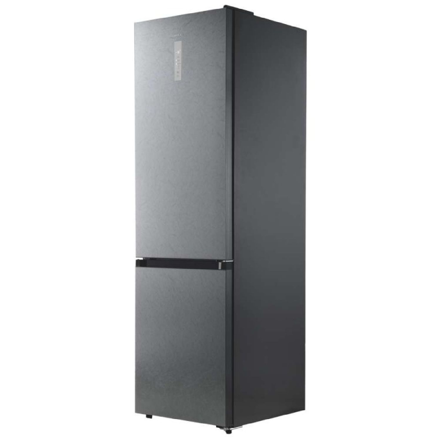 Un frigorifero moderno grigio a due porte con pannello di controllo touch.