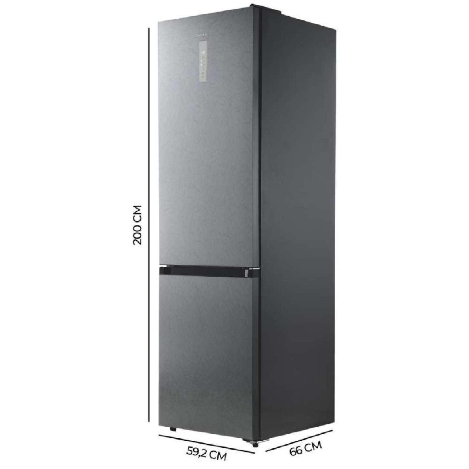 Un frigorifero moderno, alto e grigio con due porte e dimensioni digitali.