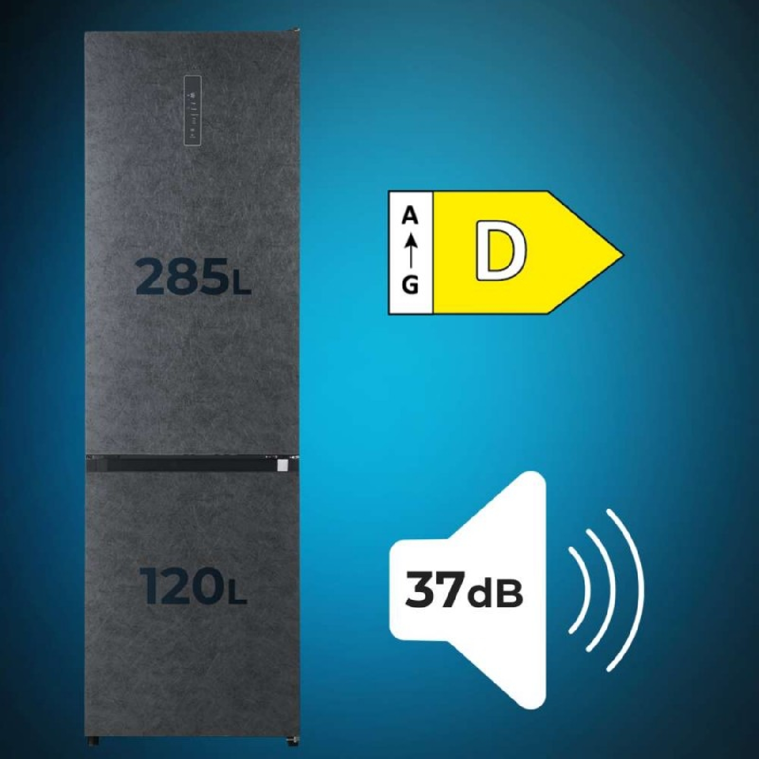 Un frigorifero grigio scuro con scomparti da 285L e 120L, classe di efficienza energetica D e un livello di rumore di 37dB.