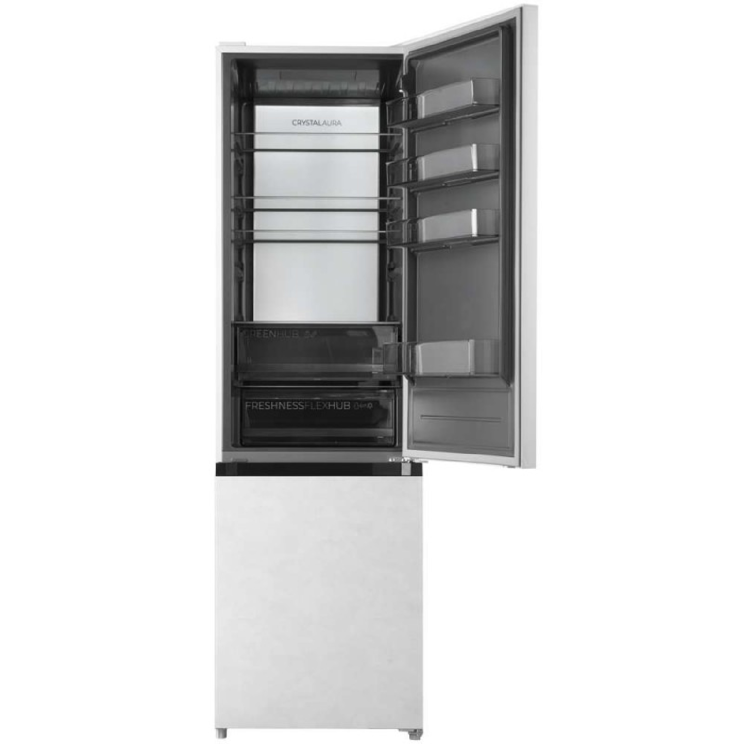 Un frigorifero bianco con porta aperta rivela ripiani e cassetti all'interno.