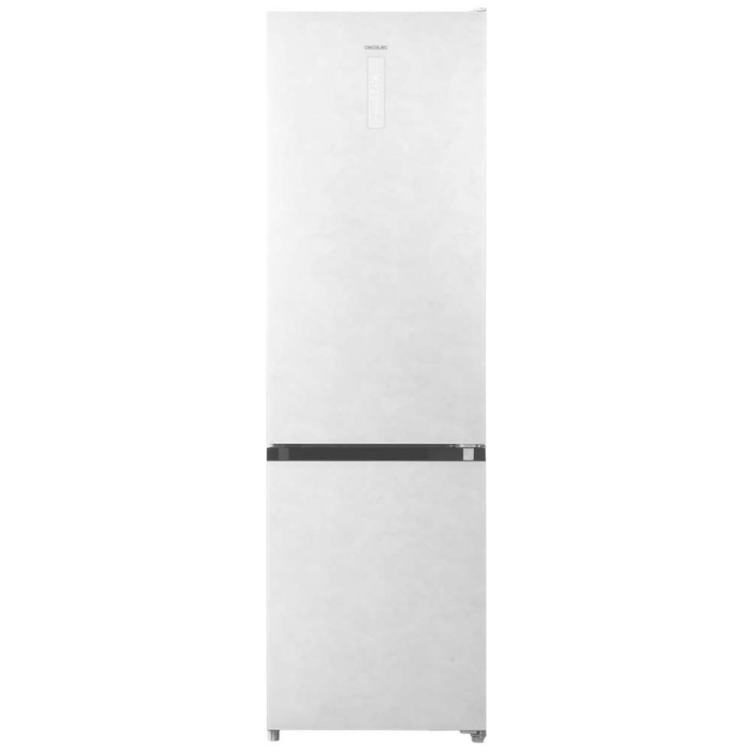 Un frigorifero alto, bianco e moderno con una maniglia orizzontale nera al centro, su uno sfondo bianco semplice.