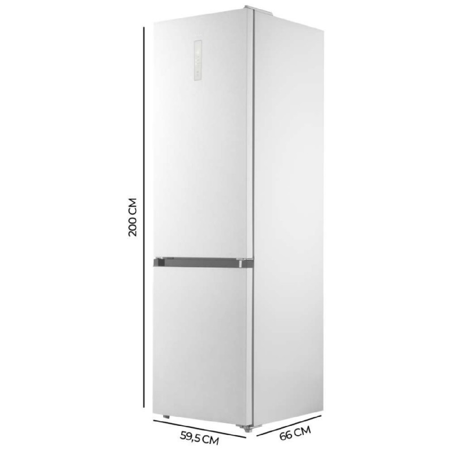 Frigorifero bianco con dimensioni 200cm A, 66cm L, 59,5cm P.