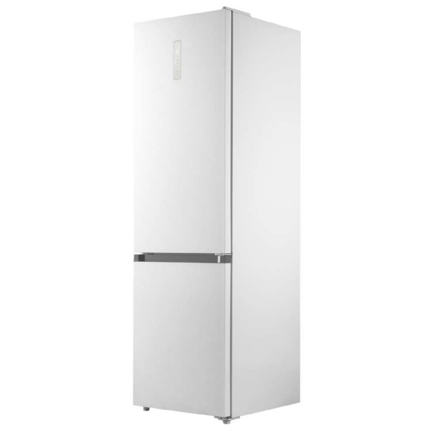 Un frigorifero bianco ed elegante con display touchscreen sulla porta superiore.