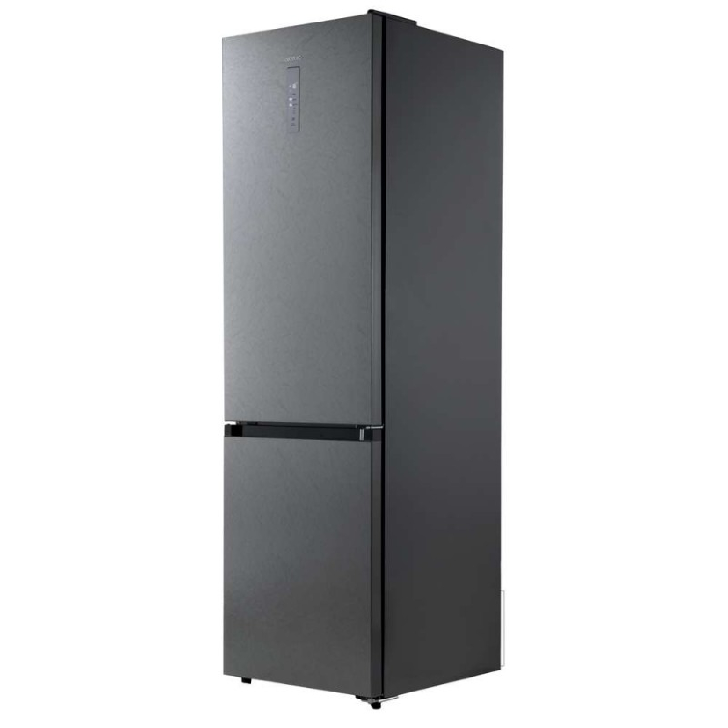 Un elegante frigorifero grigio scuro con congelatore superiore e scomparto inferiore, dal design minimalista.