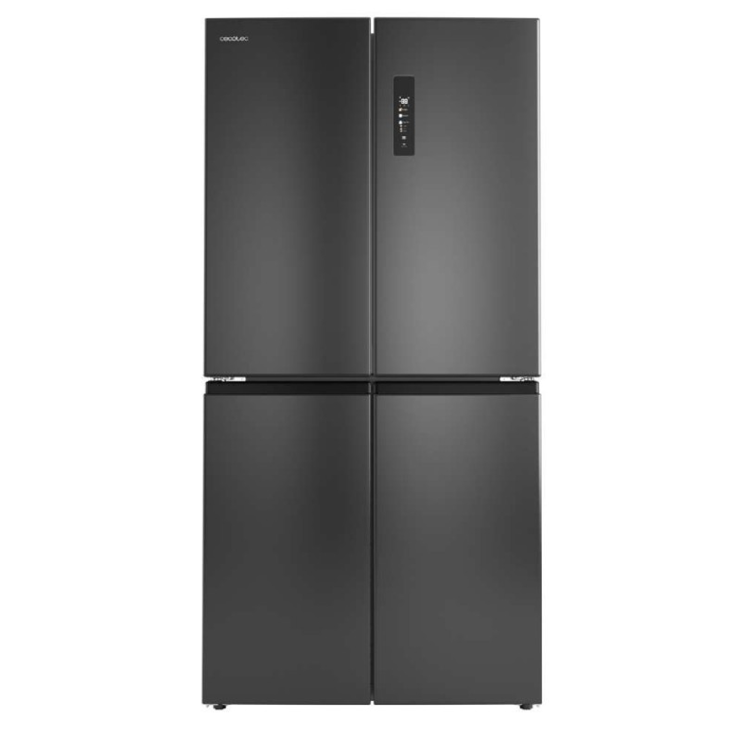 Un elegante refrigerador de cuatro puertas gris oscuro con una pantalla digital en la puerta superior derecha, aislado sobre fondo blanco.