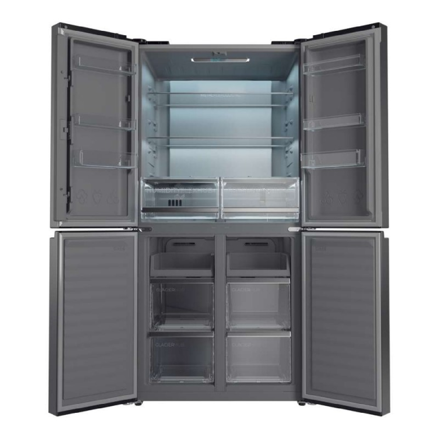 Refrigerador moderno abierto de cuatro puertas, vacío, con estantes y cajones.