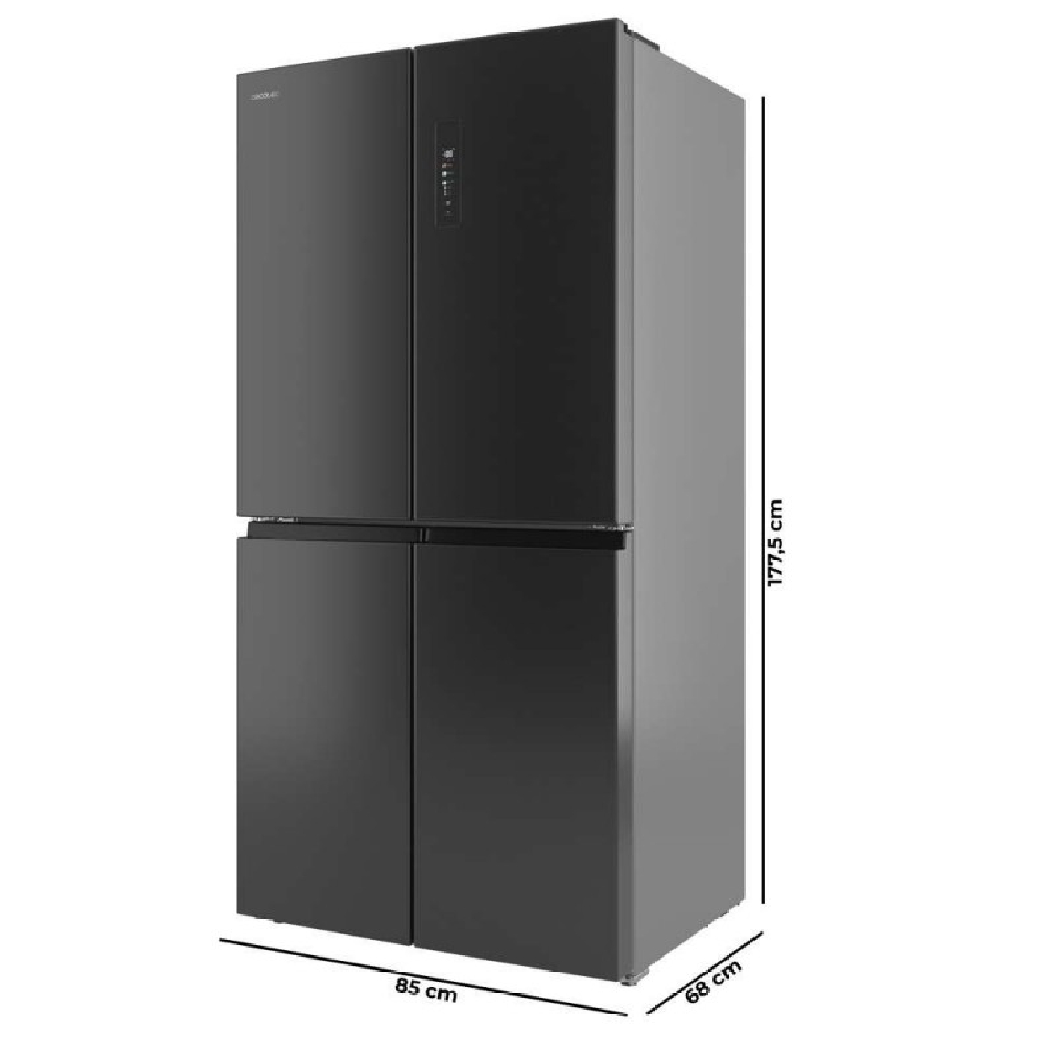Refrigerador negro de cuatro puertas, 177,5 cm alto, 85 cm ancho, 68 cm fondo.