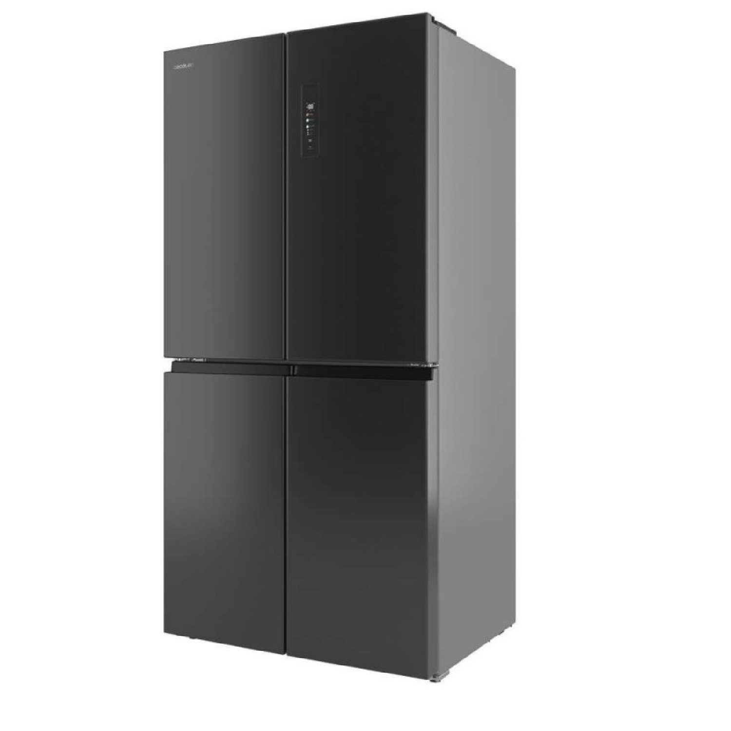 Un refrigerador moderno negro de cuatro puertas con pantalla digital.