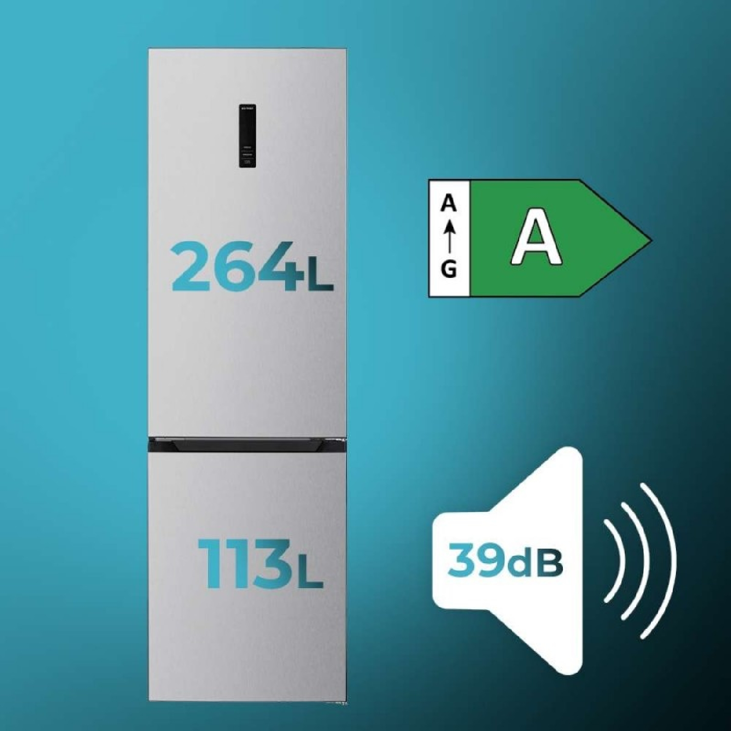 Refrigerador plateado con 264L de frigorífico y 113L de congelador. Energía A. Ruido 39dB.