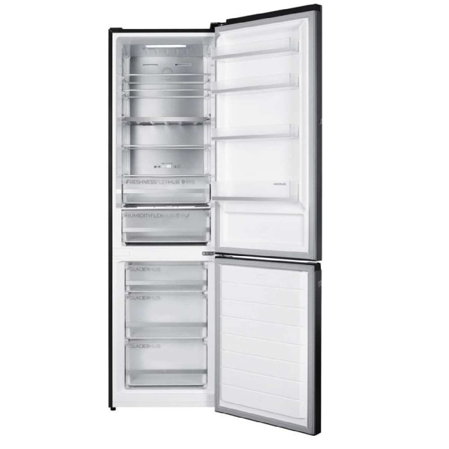 Un refrigerador negro abierto con estantes y cajones plateados. Puerta del congelador cerrada.