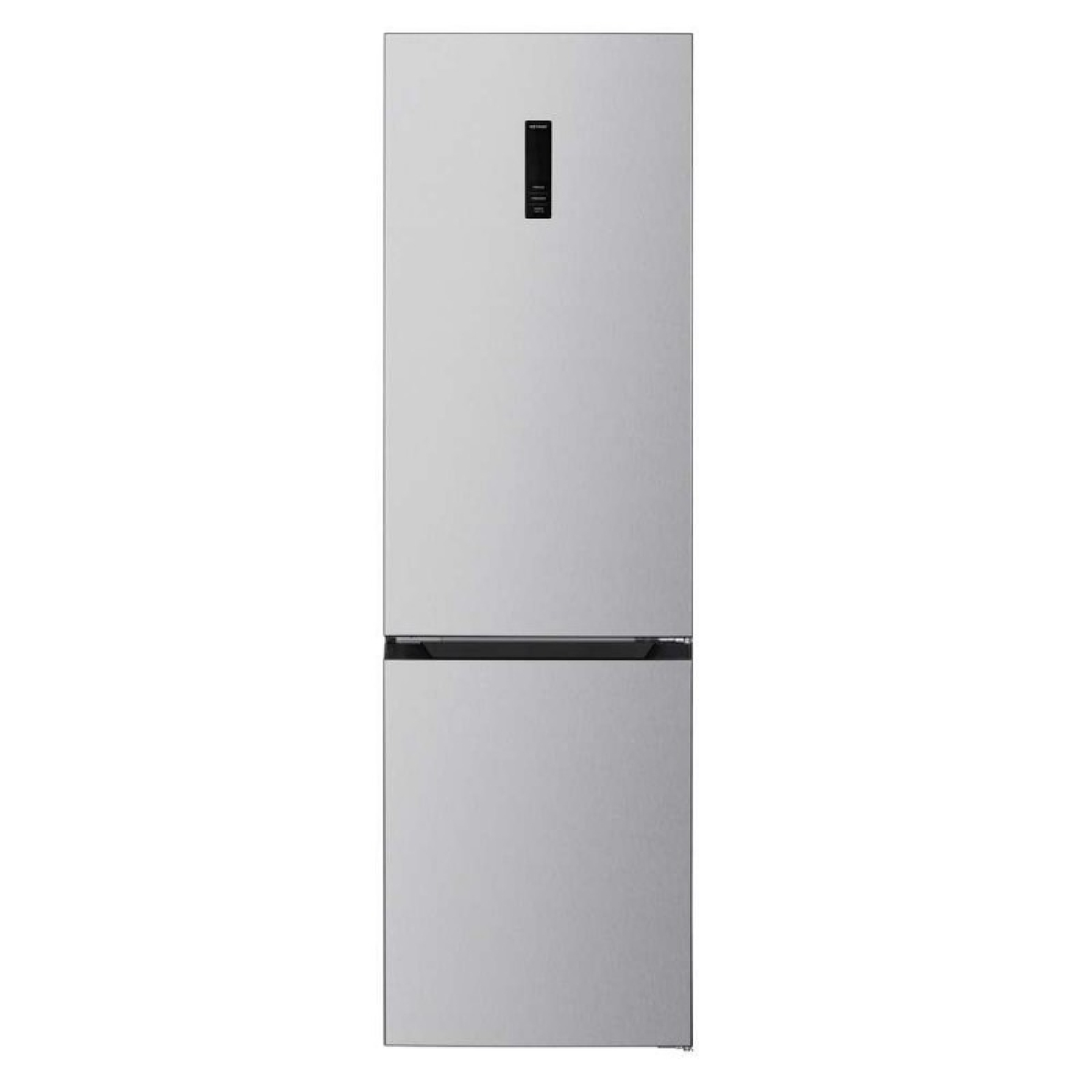 Un elegante frigorífico-congelador plateado con pantalla digital negra en la puerta superior.