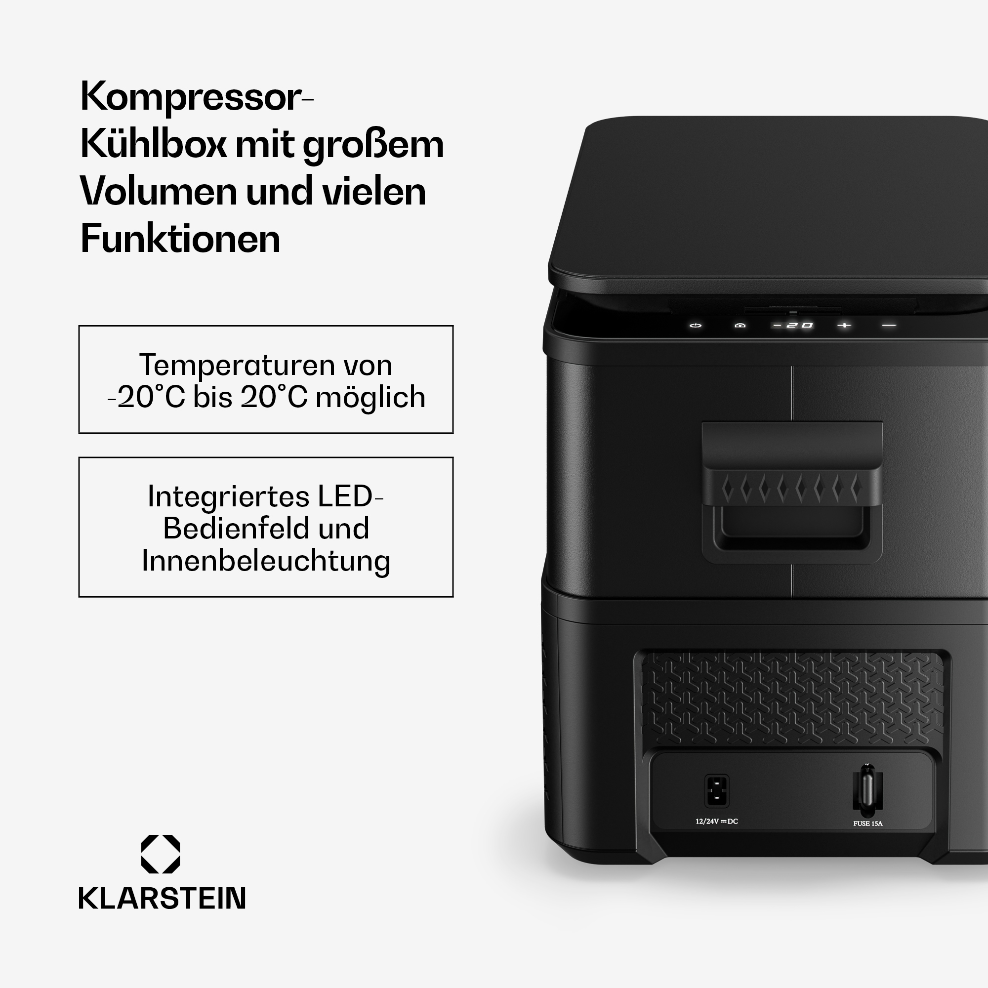 Schwarze Kompressor-Kühlbox mit LED-Bedienfeld und Anschlüssen.