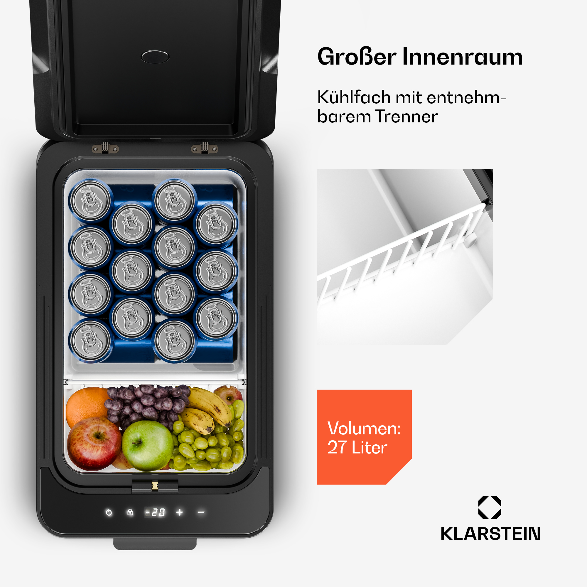 Kühlschrank mit vielen Dosen und Früchten. 27 Liter Volumen.