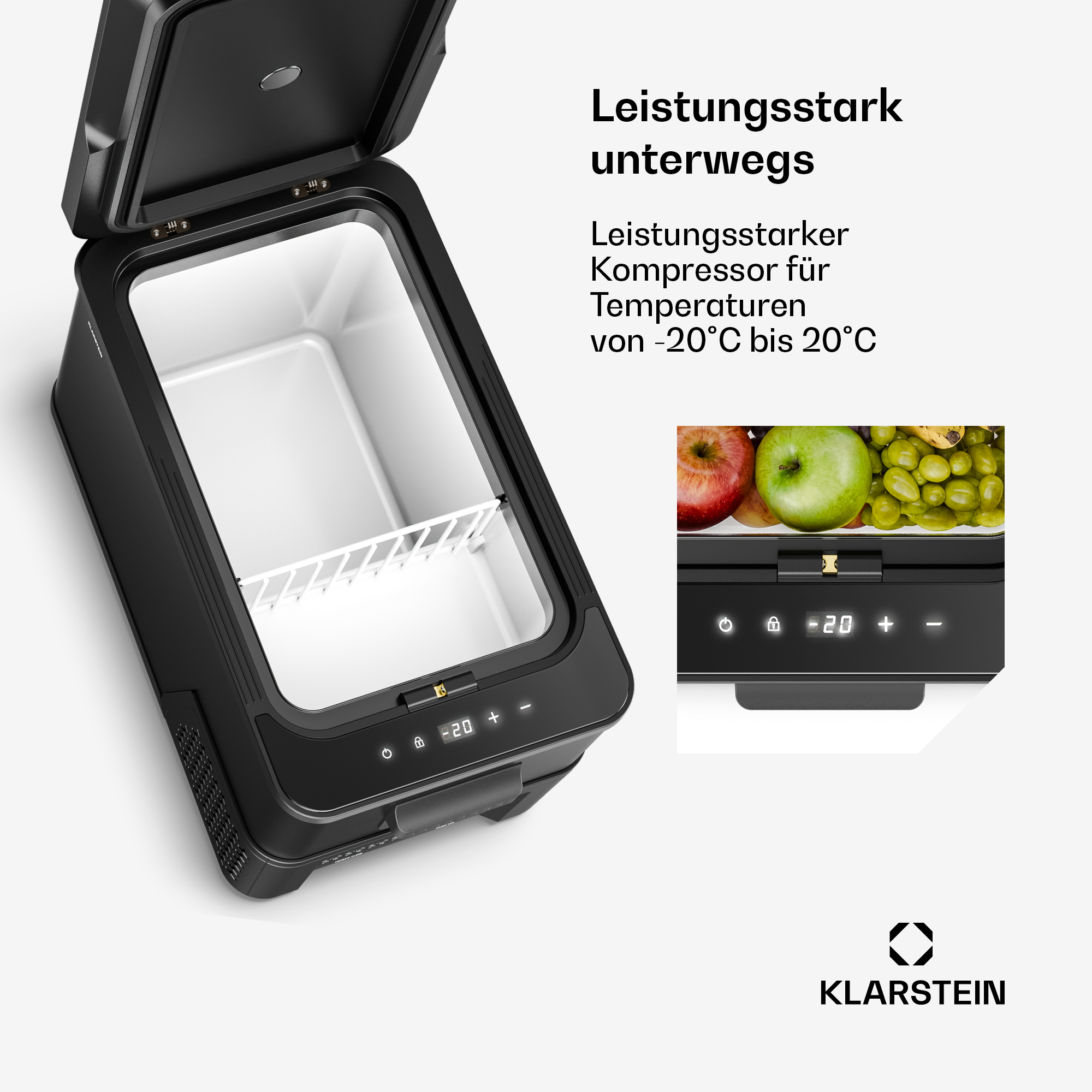Ein offener schwarzer Kühlschrank mit digitalen Bedienelementen und Früchten.